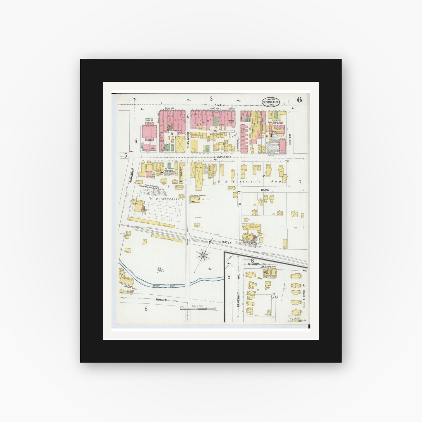 Old map wall art mockup — black gallery frame with white mat — Sanborn Fire Insurance Map from Norwalk, Huron County, Ohio (1899), Sheet #0006
