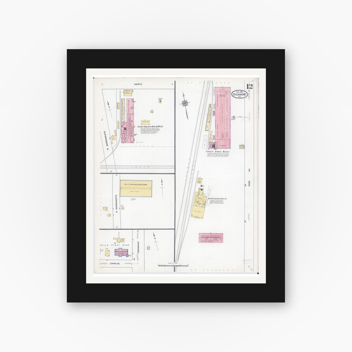 Old map wall art mockup — black gallery frame with white mat — Sanborn Fire Insurance Map from Sycamore, De Kalb County, Illinois (1912), Sheet #0012