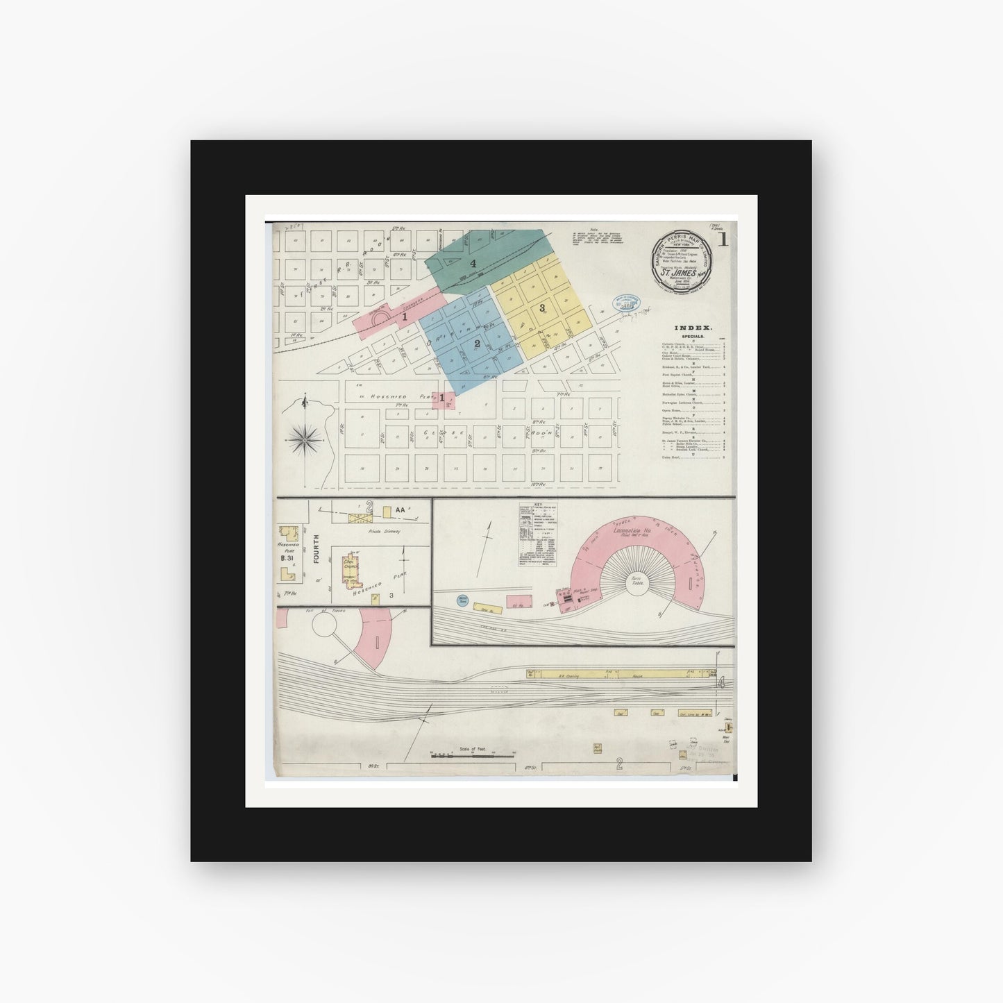 Old map wall art mockup — black gallery frame with white mat — Sanborn Fire Insurance Map from Saint James, Watonwan County, Minnesota (1894) - Complete Map Set
