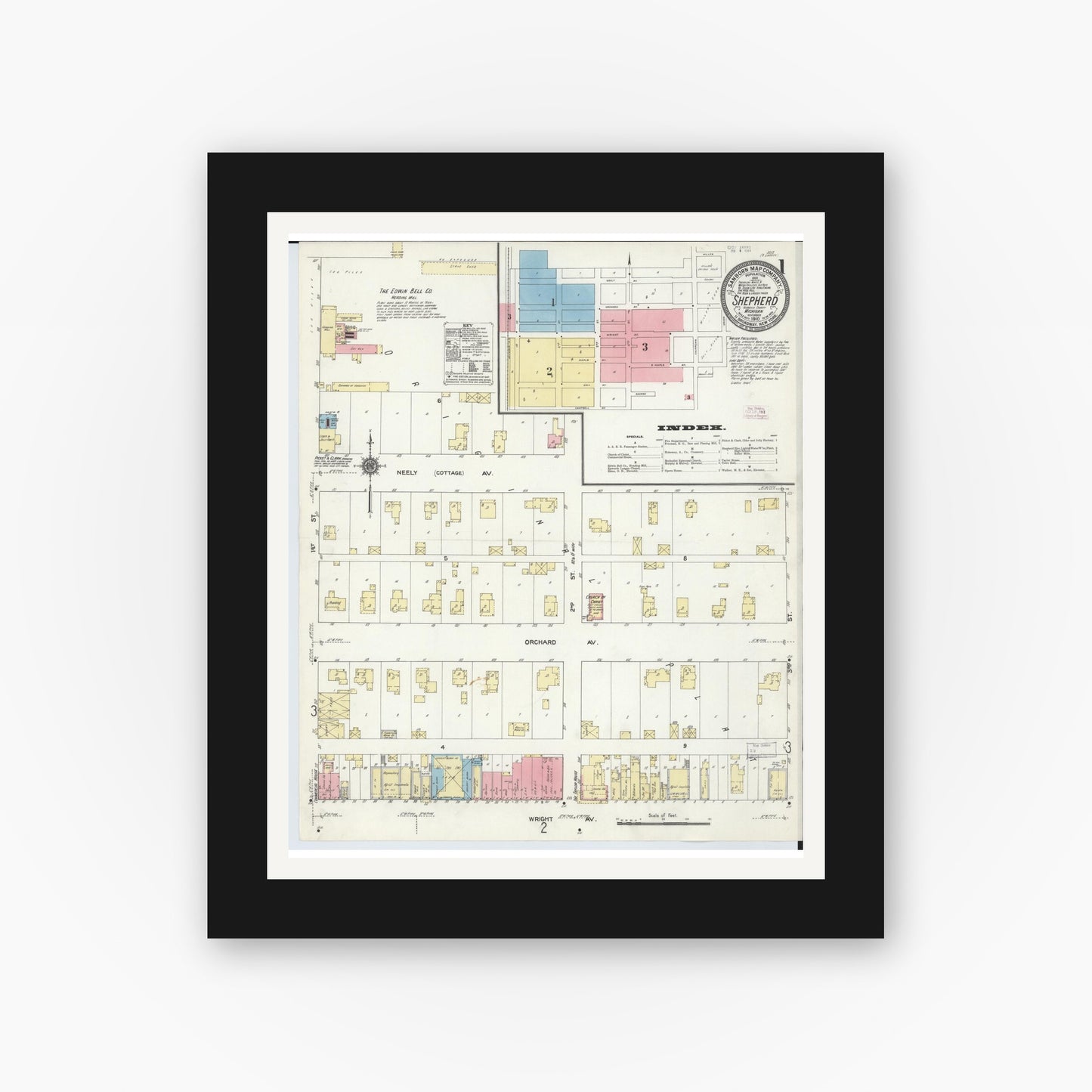 Old map wall art mockup β black gallery frame with white mat β Sanborn Fire Insurance Map from Shepherd, Isabella County, Michigan (1910) - Complete Map Set