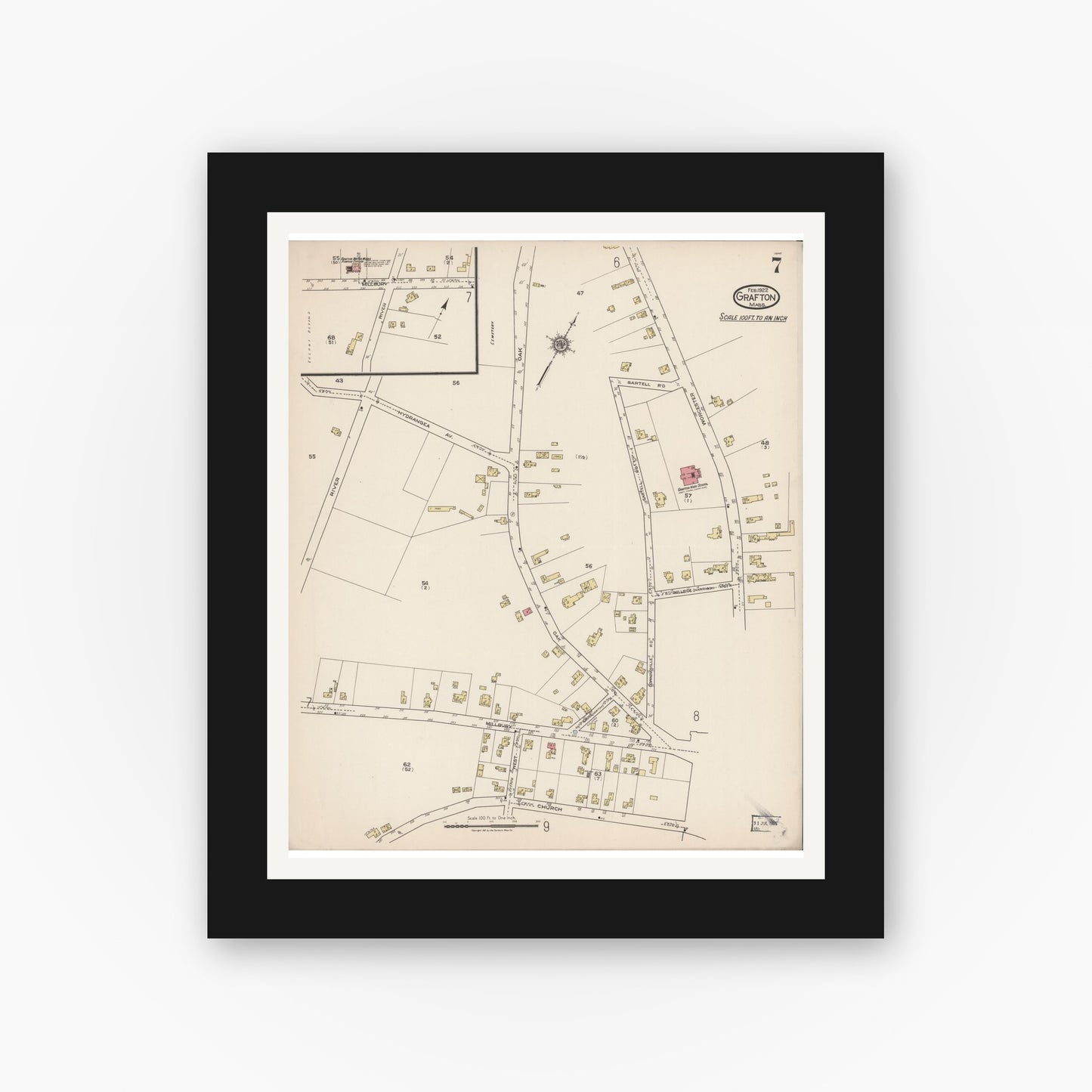 Old map wall art mockup — black gallery frame with white mat — Sanborn Fire Insurance Map from Grafton, Worcester County, Massachusetts (1922), Sheet #0007