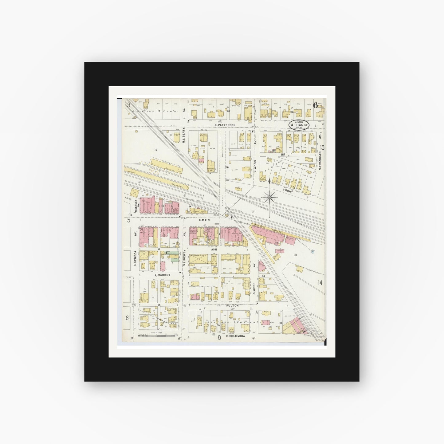 Old map wall art mockup — black gallery frame with white mat — Sanborn Fire Insurance Map from Alliance, Stark County, Ohio (1898), Sheet #0006