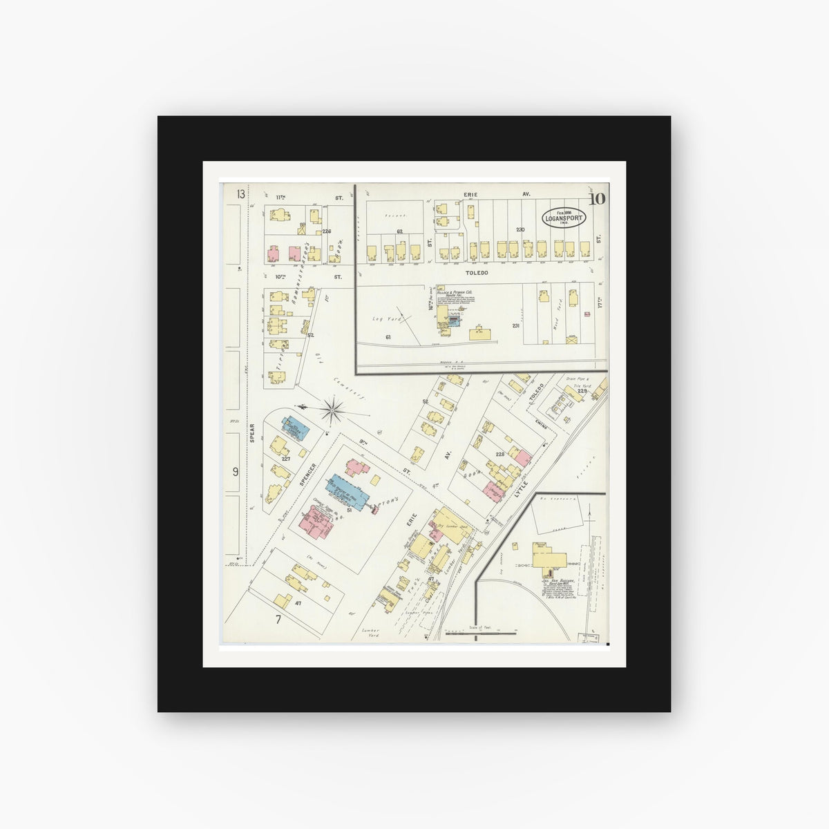 Old map wall art mockup — black gallery frame with white mat — Sanborn Fire Insurance Map from Logansport, Cass County, Indiana (1898), Sheet #0010