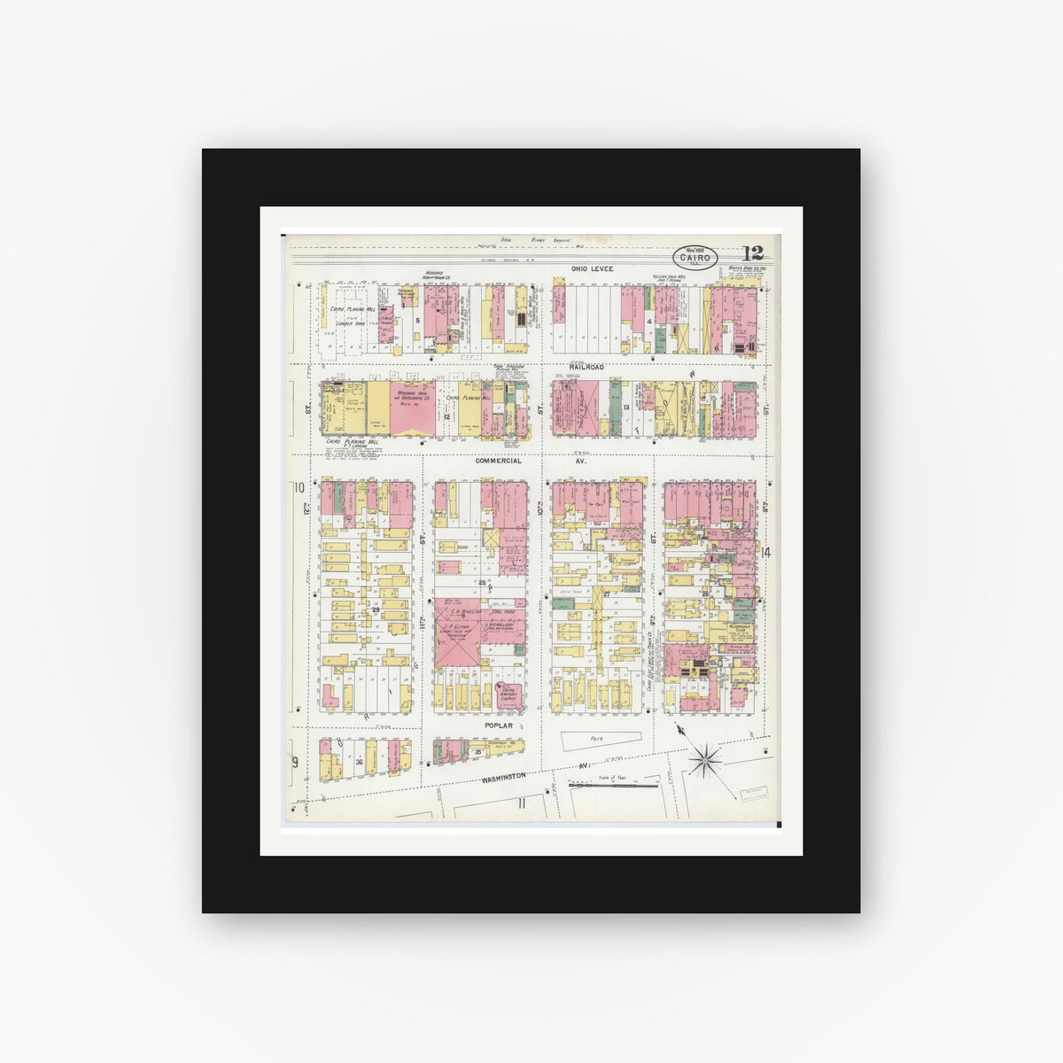 Old map wall art mockup — black gallery frame with white mat — Sanborn Fire Insurance Map from Cairo, Alexander County, Illinois (1901), Sheet #0012
