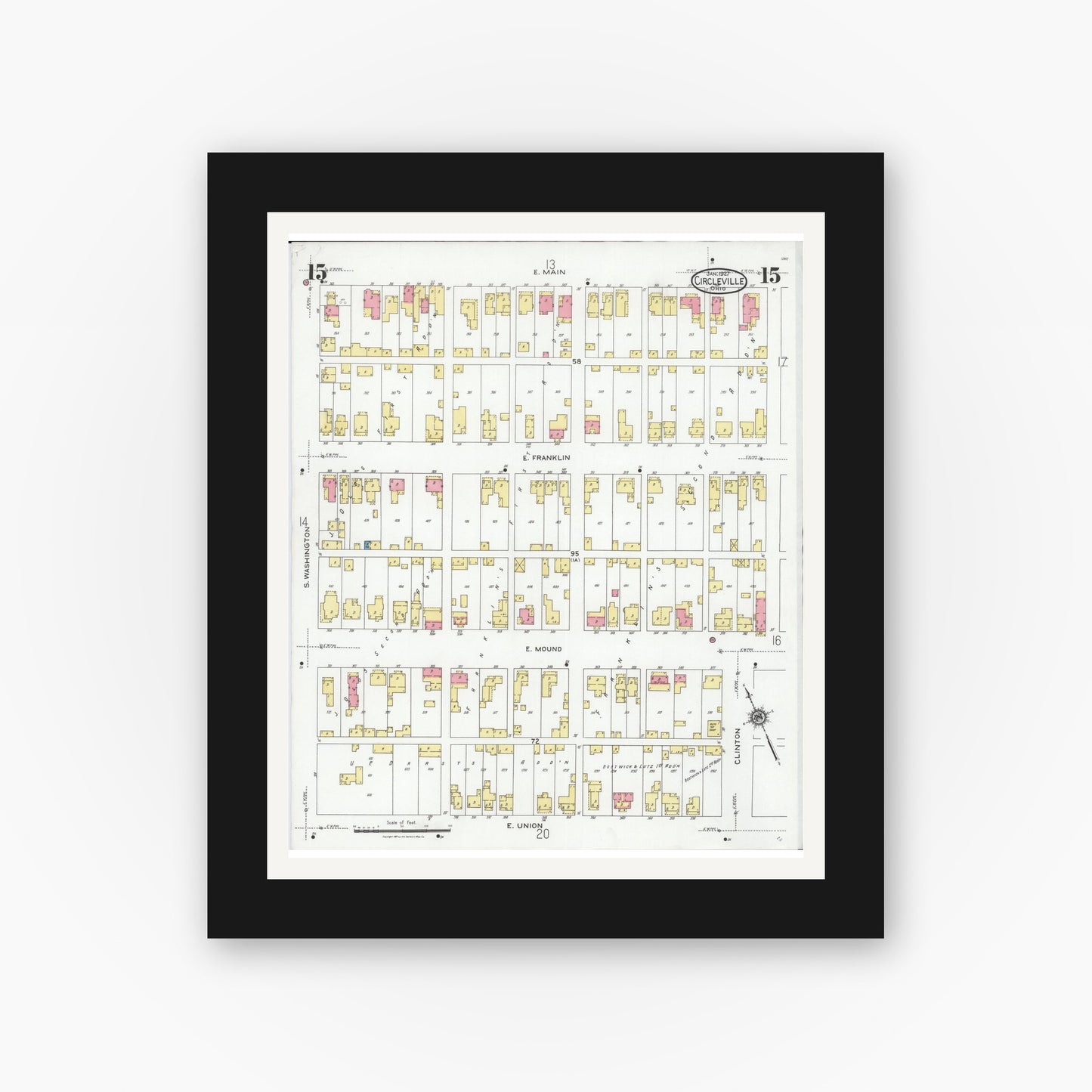 Old map wall art mockup — black gallery frame with white mat — Sanborn Fire Insurance Map from Circleville, Pickaway County, Ohio (1927), Sheet #0015