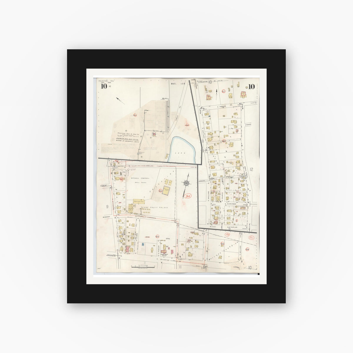 Old map wall art mockup — black gallery frame with white mat — Sanborn Fire Insurance Map from Palestine, Anderson County, Texas (1949), Sheet #0010