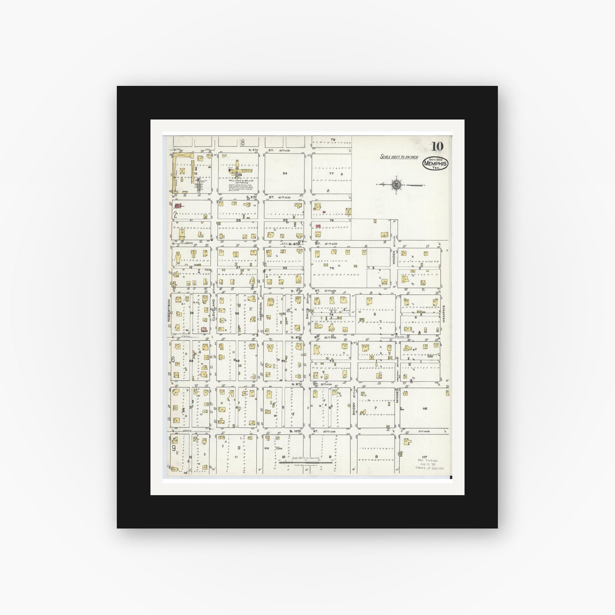 Old map wall art mockup — black gallery frame with white mat — Sanborn Fire Insurance Map from Memphis, Hall County, Texas (1920), Sheet #0010