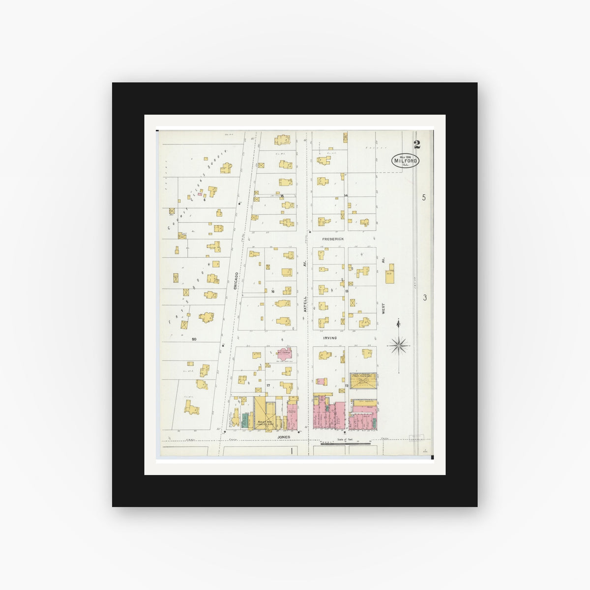 Old map wall art mockup — black gallery frame with white mat — Sanborn Fire Insurance Map from Milford, Iroquois County, Illinois (1906), Sheet #0002