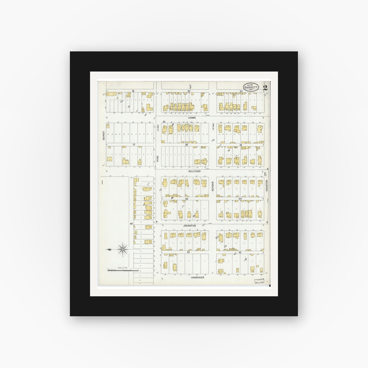 Old map wall art mockup — black gallery frame with white mat — Sanborn Fire Insurance Map from Garrett, De Kalb County, Indiana (1901), Sheet #0002