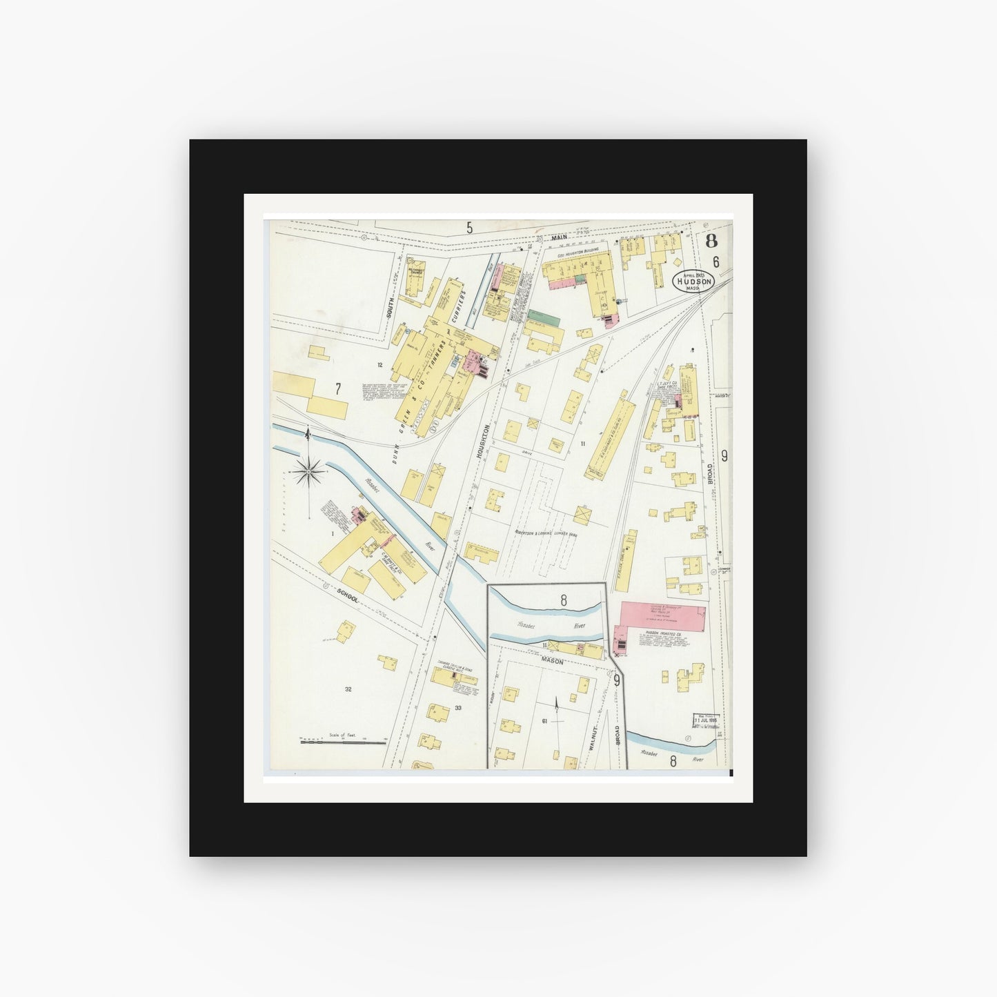 Old map wall art mockup — black gallery frame with white mat — Sanborn Fire Insurance Map from Hudson, Middlesex County, Massachusetts (1903), Sheet #0007