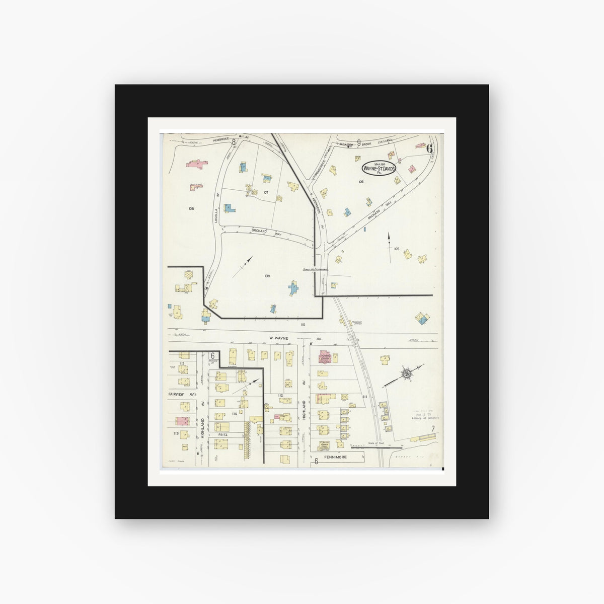 Old map wall art mockup β black gallery frame with white mat β Sanborn Fire Insurance Map from Wayne, Delaware County, Pennsylvania (1914), Sheet #0006
