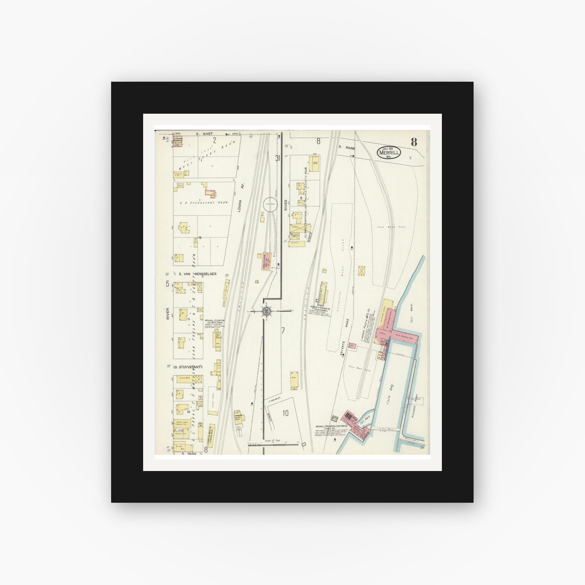 Old map wall art mockup — black gallery frame with white mat — Sanborn Fire Insurance Map from Merrill, Lincoln County, Wisconsin (1913), Sheet #0008