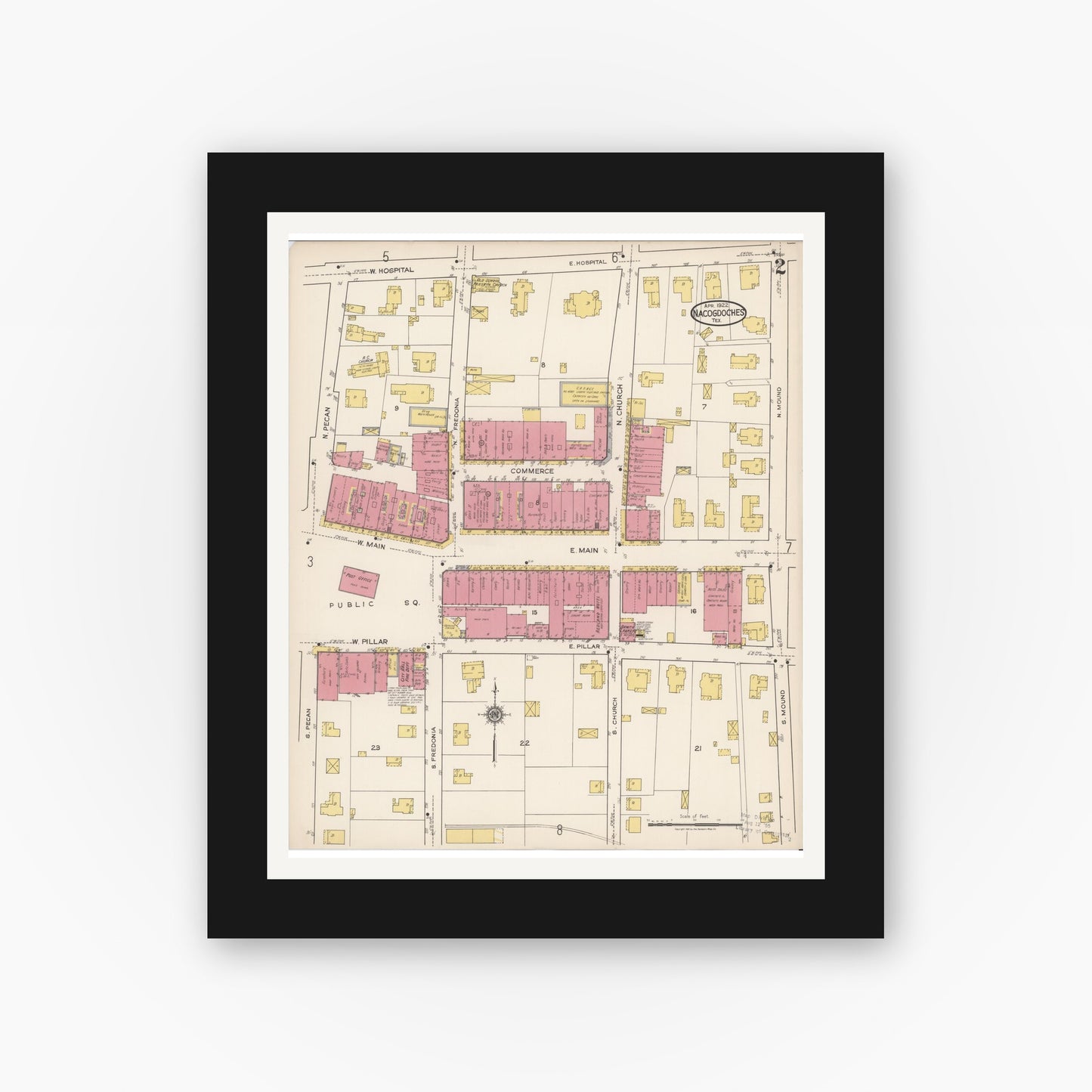Old map wall art mockup — black gallery frame with white mat — Sanborn Fire Insurance Map from Nacogdoches, Nacogdoches County, Texas (1922), Sheet #0002