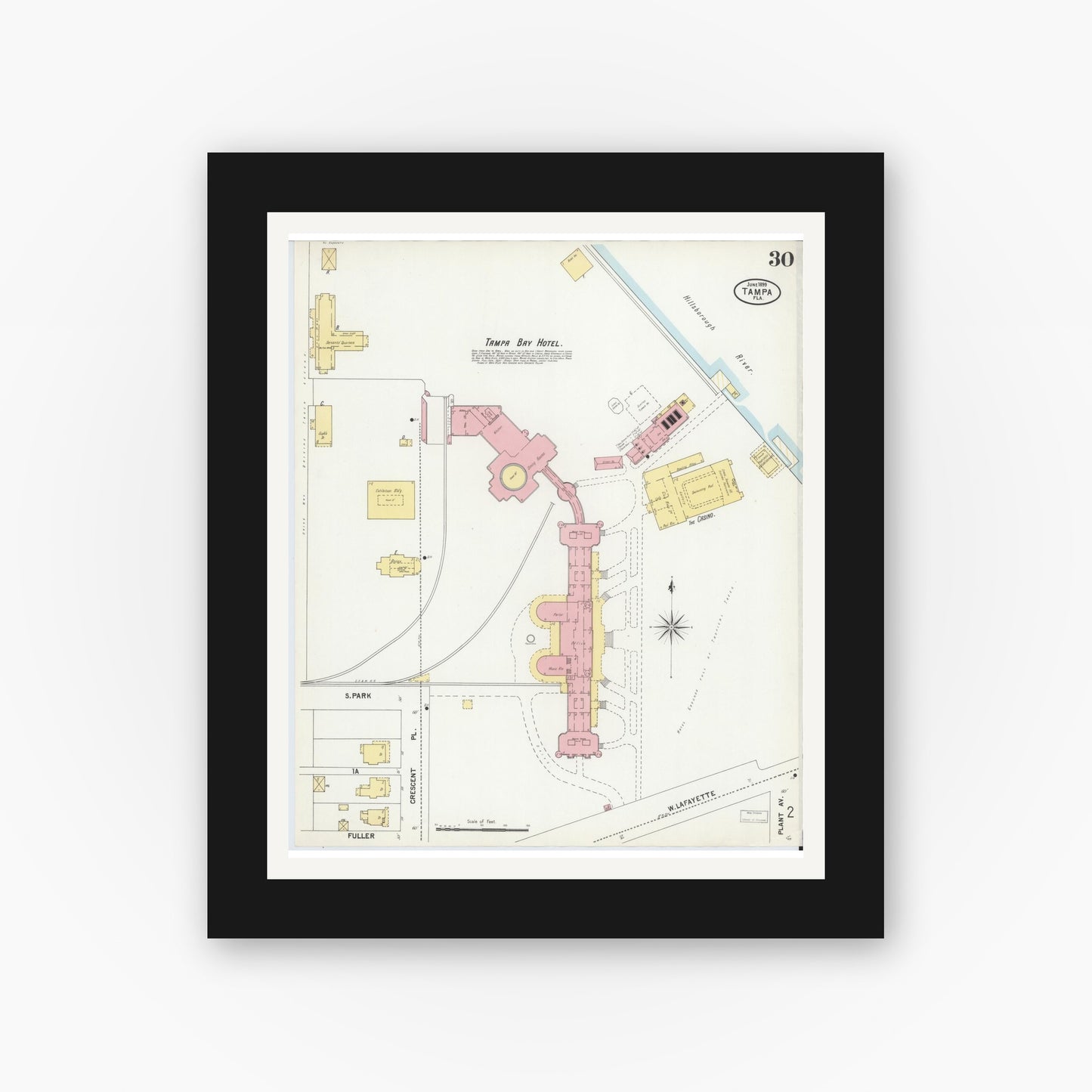 Old map wall art mockup — black gallery frame with white mat — Sanborn Fire Insurance Map from Tampa, Hillsborough County, Florida (1899), Sheet #0030