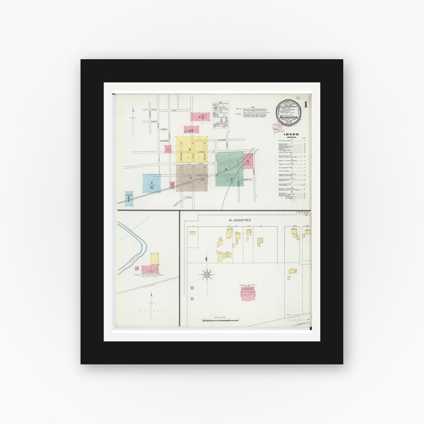 Old map wall art mockup — black gallery frame with white mat — Sanborn Fire Insurance Map from Wilmington, Clinton County, Ohio (1895), Sheet #0001