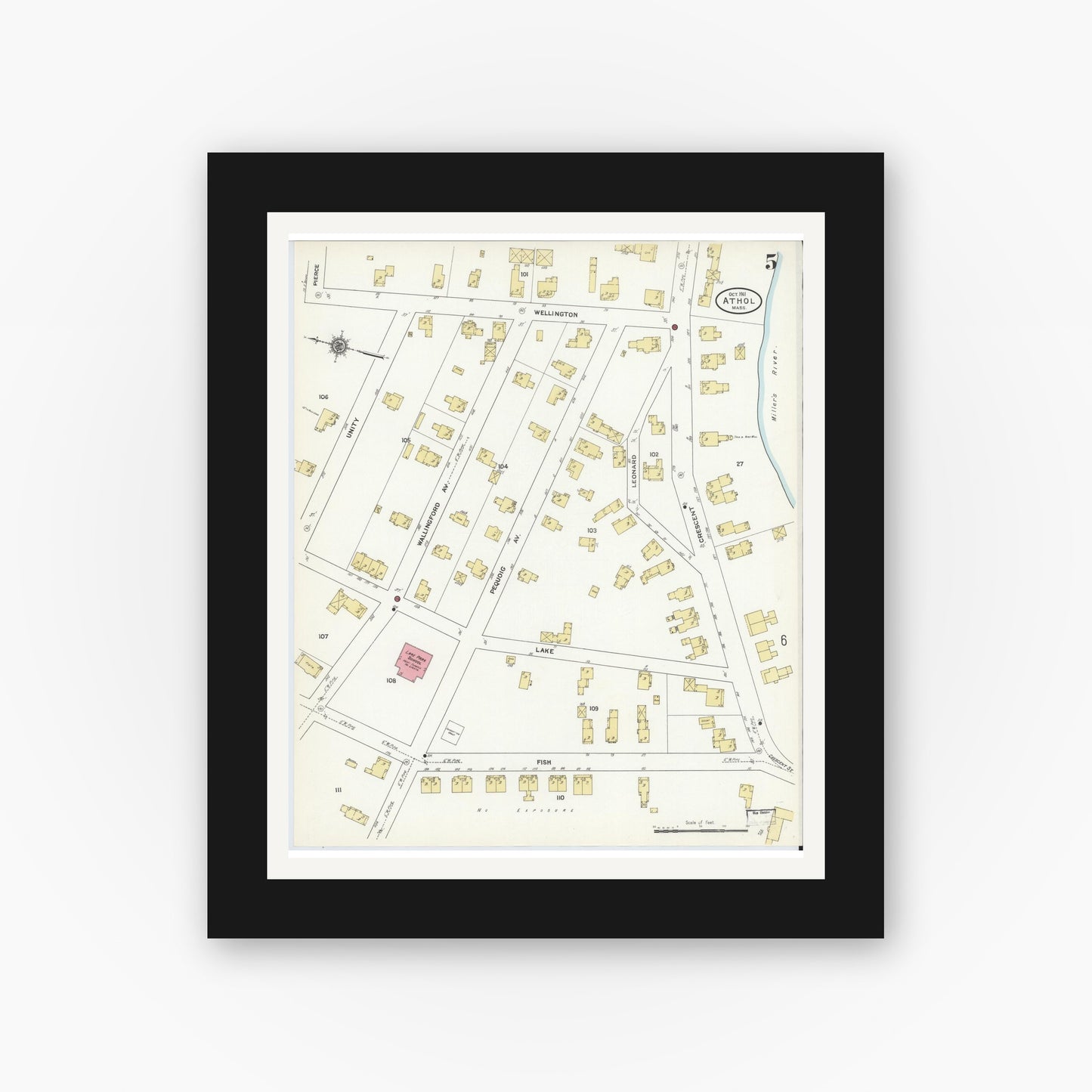 Old map wall art mockup — black gallery frame with white mat — Sanborn Fire Insurance Map from Athol, Worcester County, Massachusetts (1911), Sheet #0005