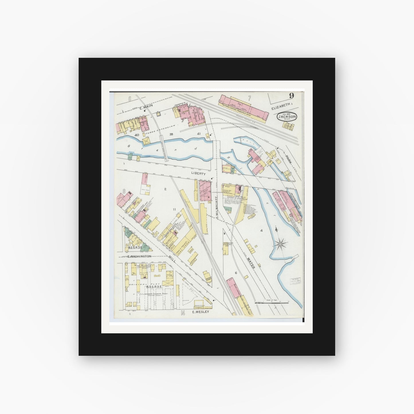 Old map wall art mockup — black gallery frame with white mat — Sanborn Fire Insurance Map from Jackson, Jackson County, Michigan (1893), Sheet #0009