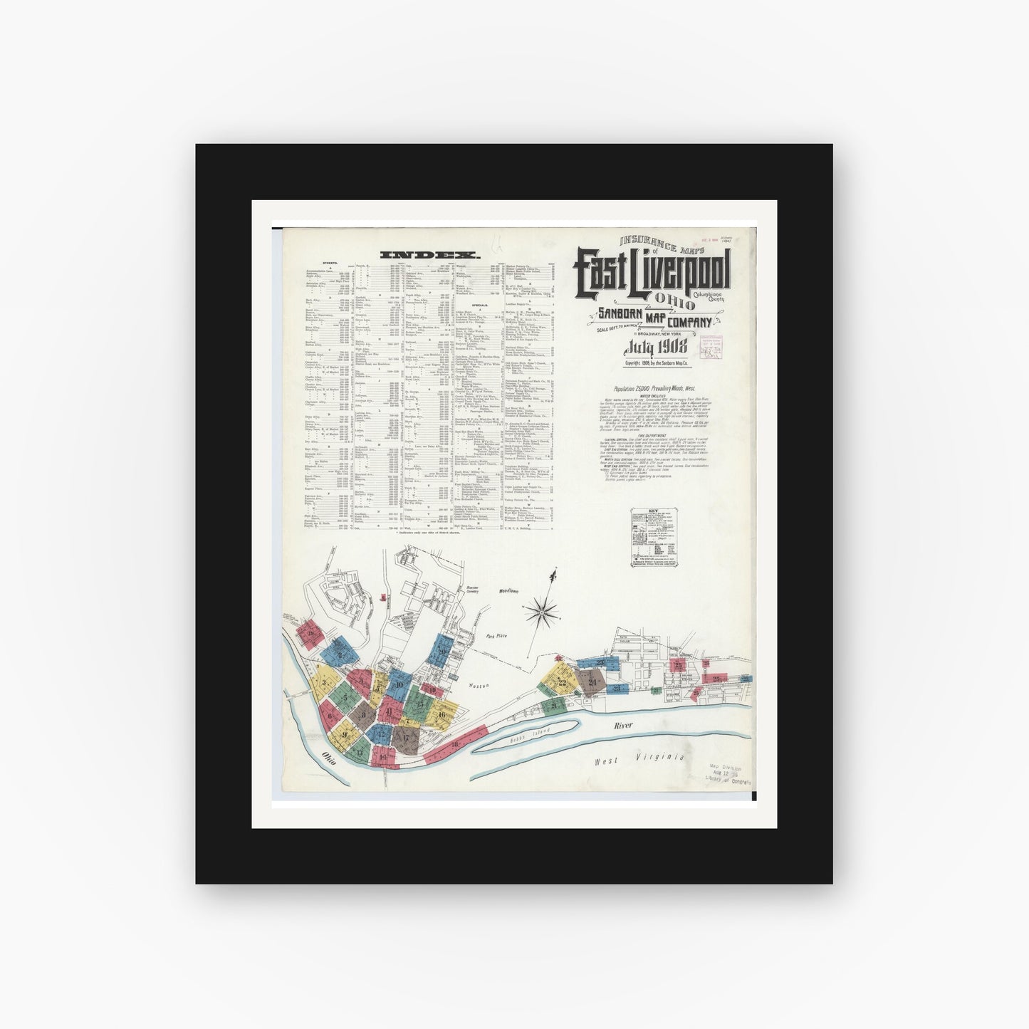 Old map wall art mockup — black gallery frame with white mat — Sanborn Fire Insurance Map from East Liverpool, Columbiana County, Ohio (1908), Sheet #0001