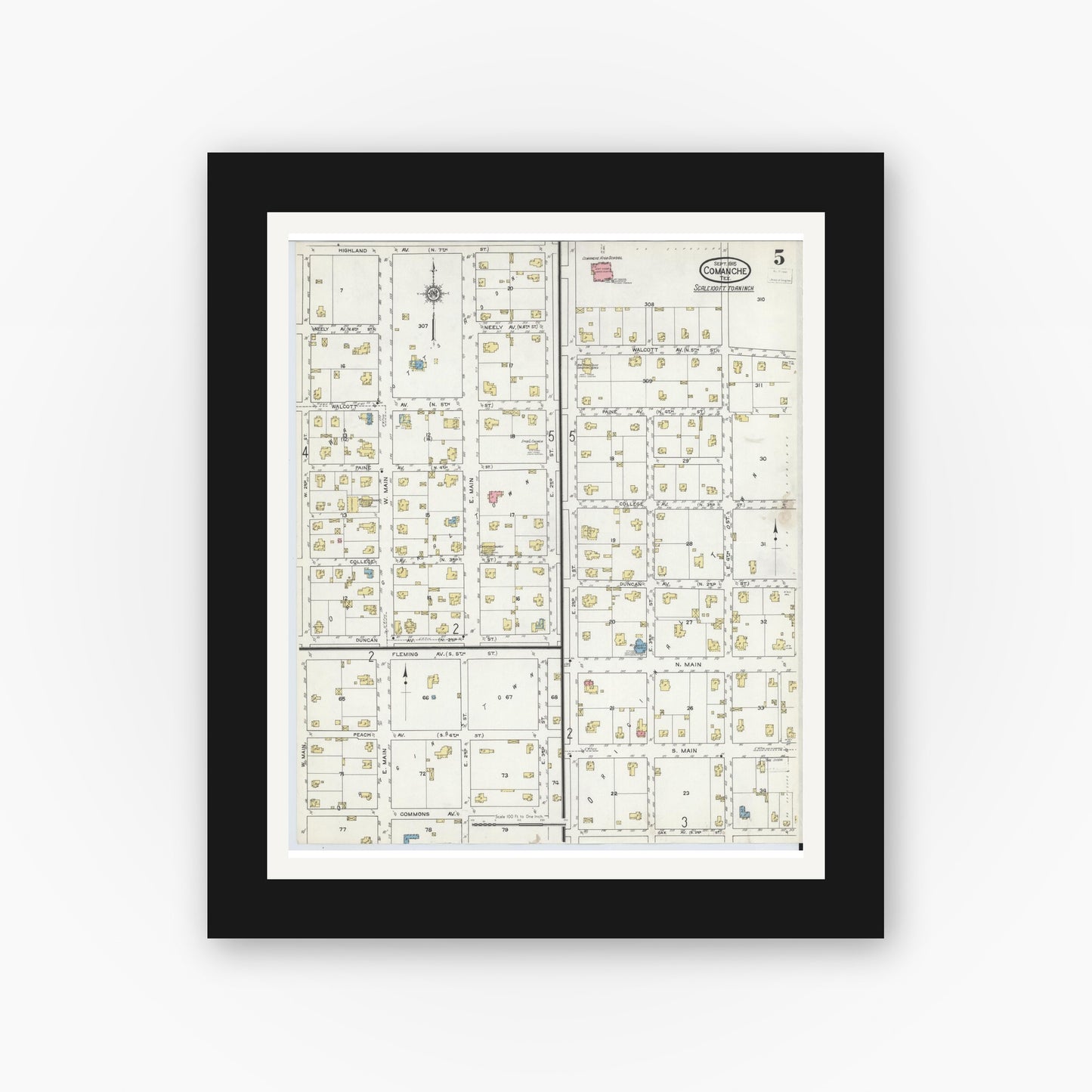 Old map wall art mockup — black gallery frame with white mat — Sanborn Fire Insurance Map from Comanche, Comanche County, Texas (1915), Sheet #0005