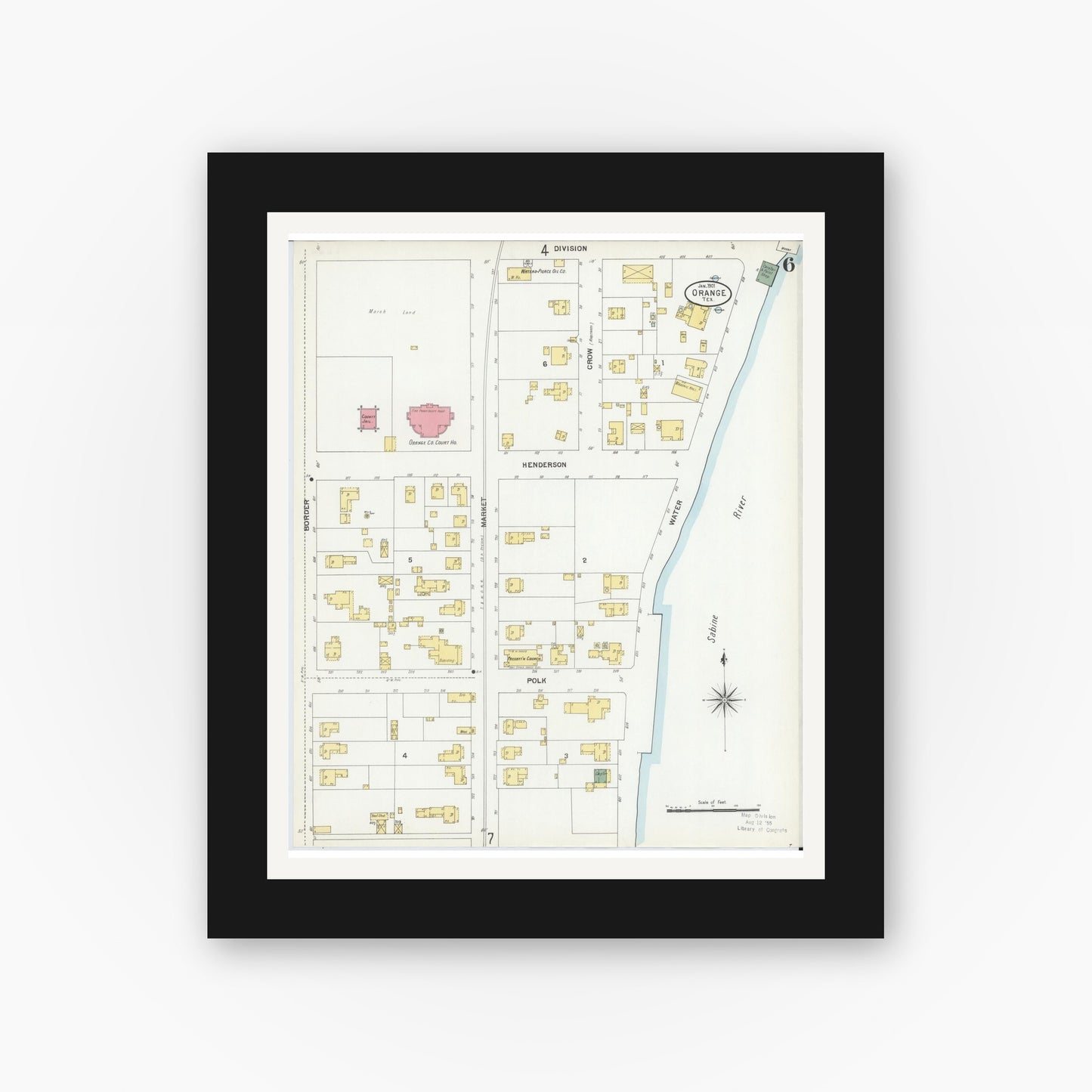 Old map wall art mockup — black gallery frame with white mat — Sanborn Fire Insurance Map from Orange, Orange County, Texas (1901), Sheet #0006