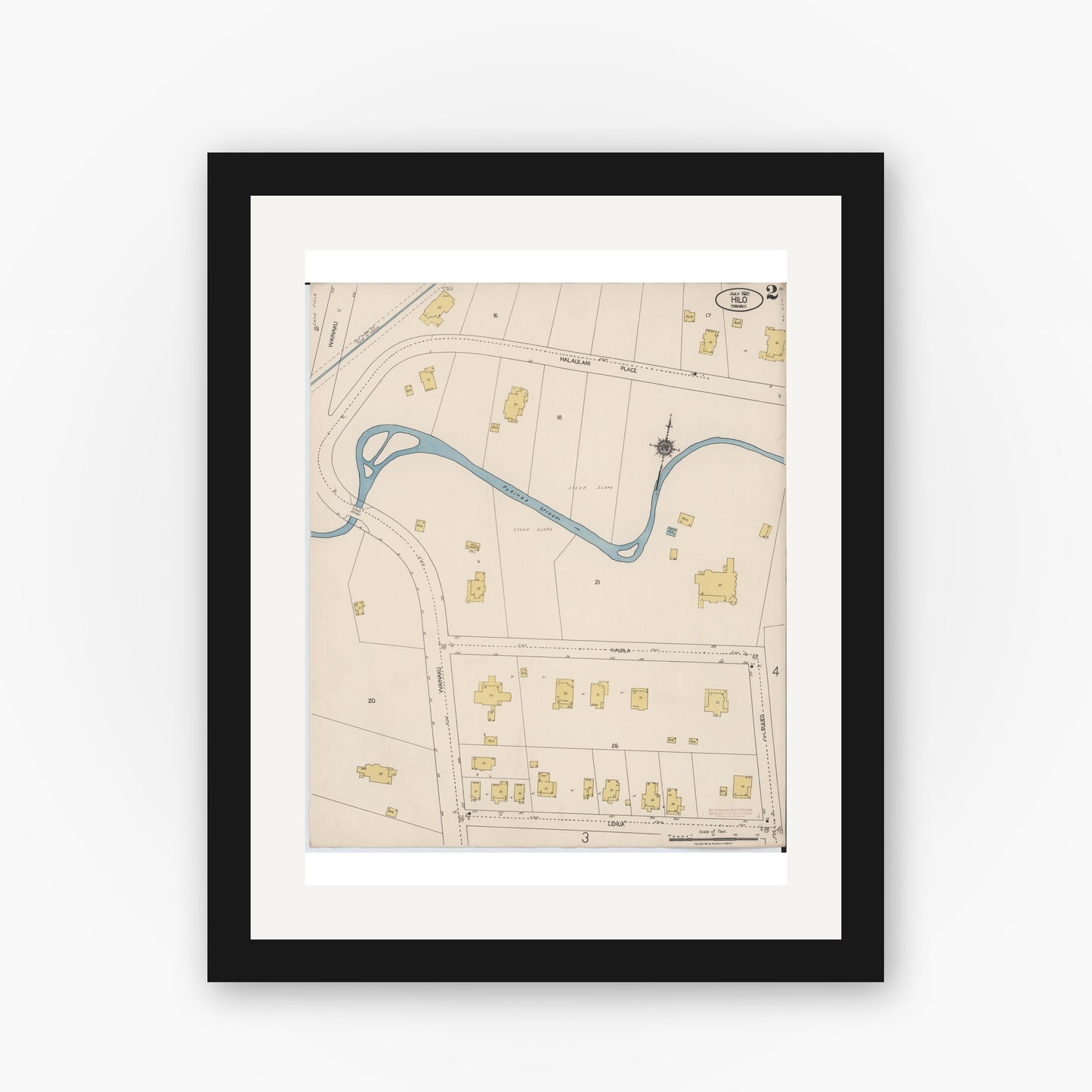 Old map wall art mockup — black gallery frame with white mat — Sanborn Fire Insurance Map from Hilo, Hawaii County, Hawaii (1921), Sheet #0002