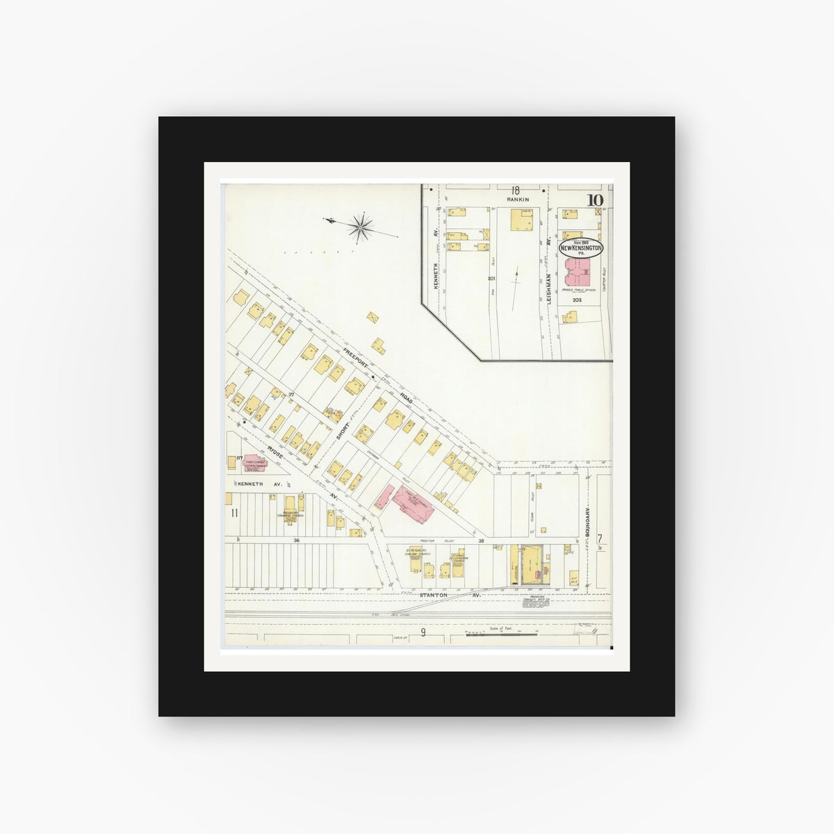 Old map wall art mockup — black gallery frame with white mat — Sanborn Fire Insurance Map from New Kensington, Westmoreland County, Pennsylvania (1905), Sheet #0010