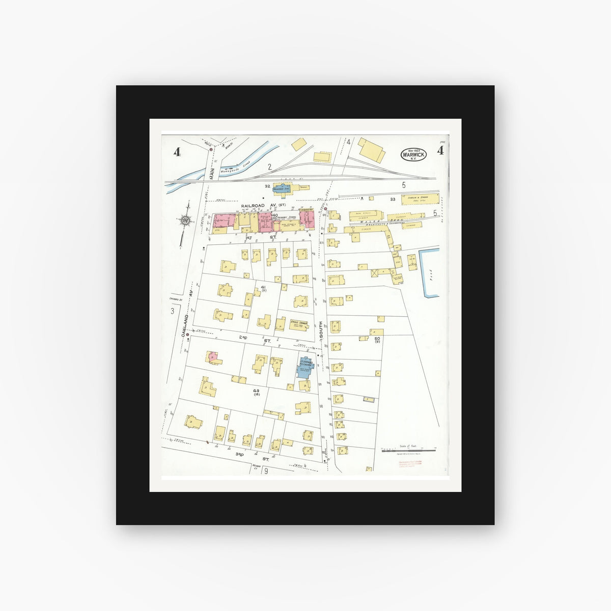 Old map wall art mockup — black gallery frame with white mat — Sanborn Fire Insurance Map from Warwick, Orange County, New York (1923), Sheet #0004