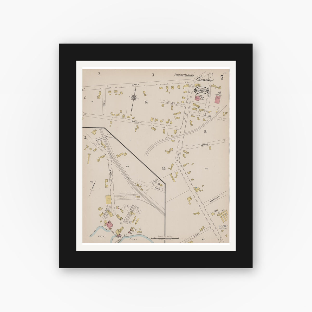 Old map wall art mockup — black gallery frame with white mat — Sanborn Fire Insurance Map from Templeton, Worcester County, Massachusetts (1922), Sheet #0007