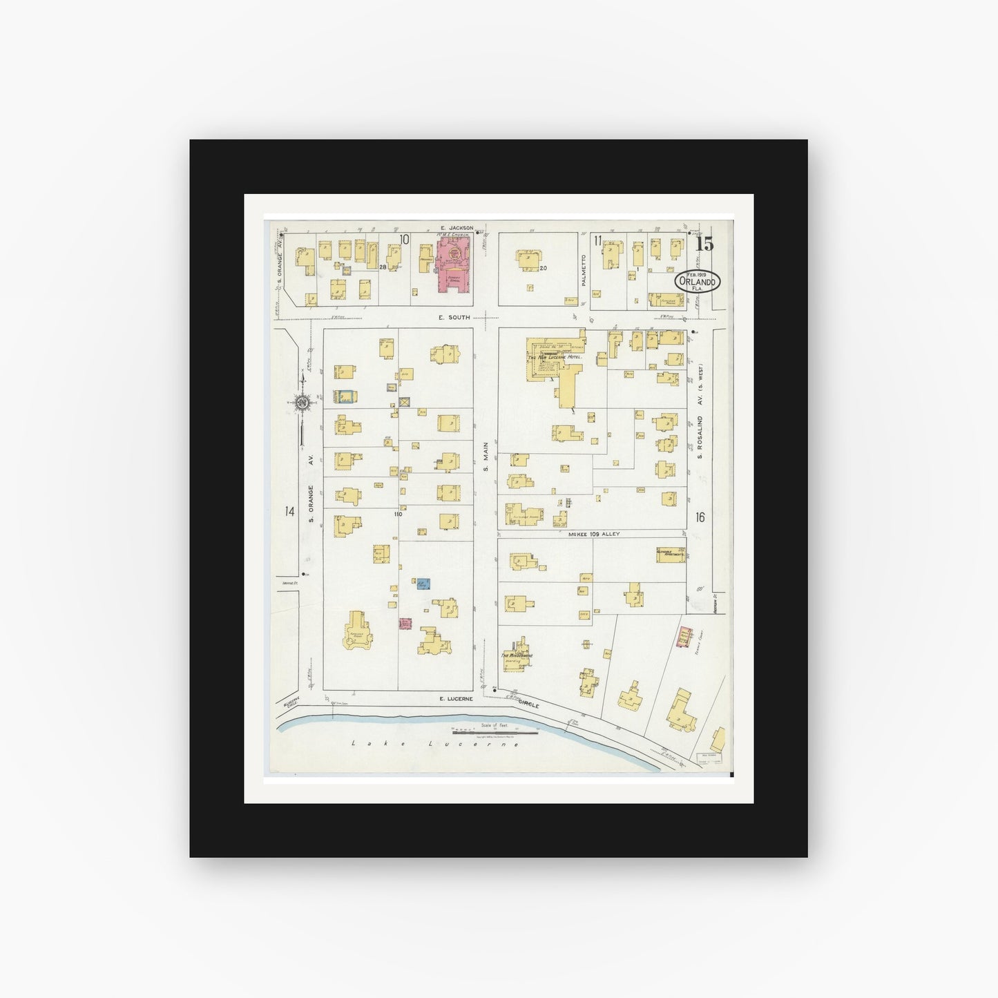 Old map wall art mockup — black gallery frame with white mat — Sanborn Fire Insurance Map from Orlando, Orange County, Florida (1919), Sheet #0015