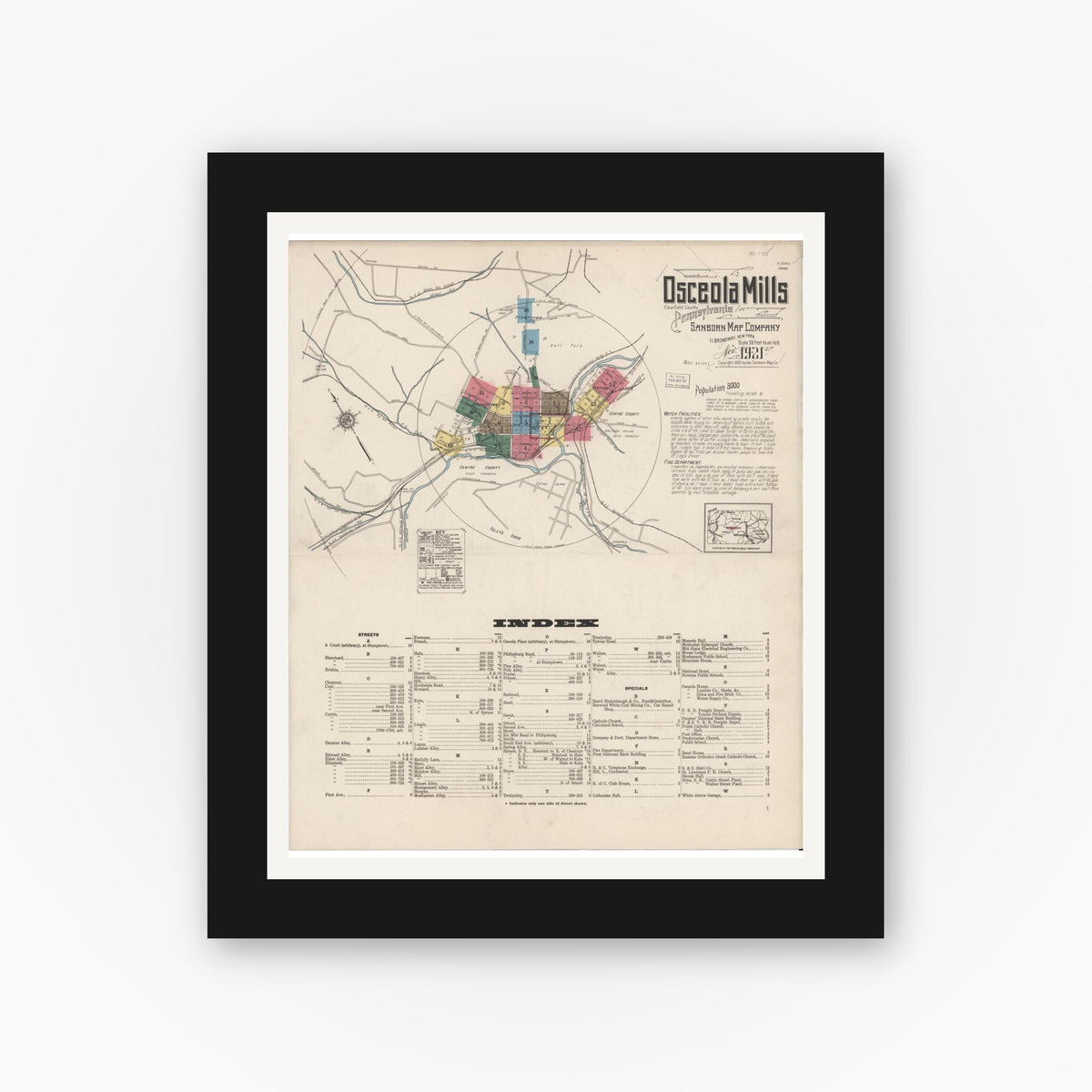 Old map wall art mockup — black gallery frame with white mat — Sanborn Fire Insurance Map from Osceola Mills, Clearfield County, Pennsylvania (1921) - Complete Map Set