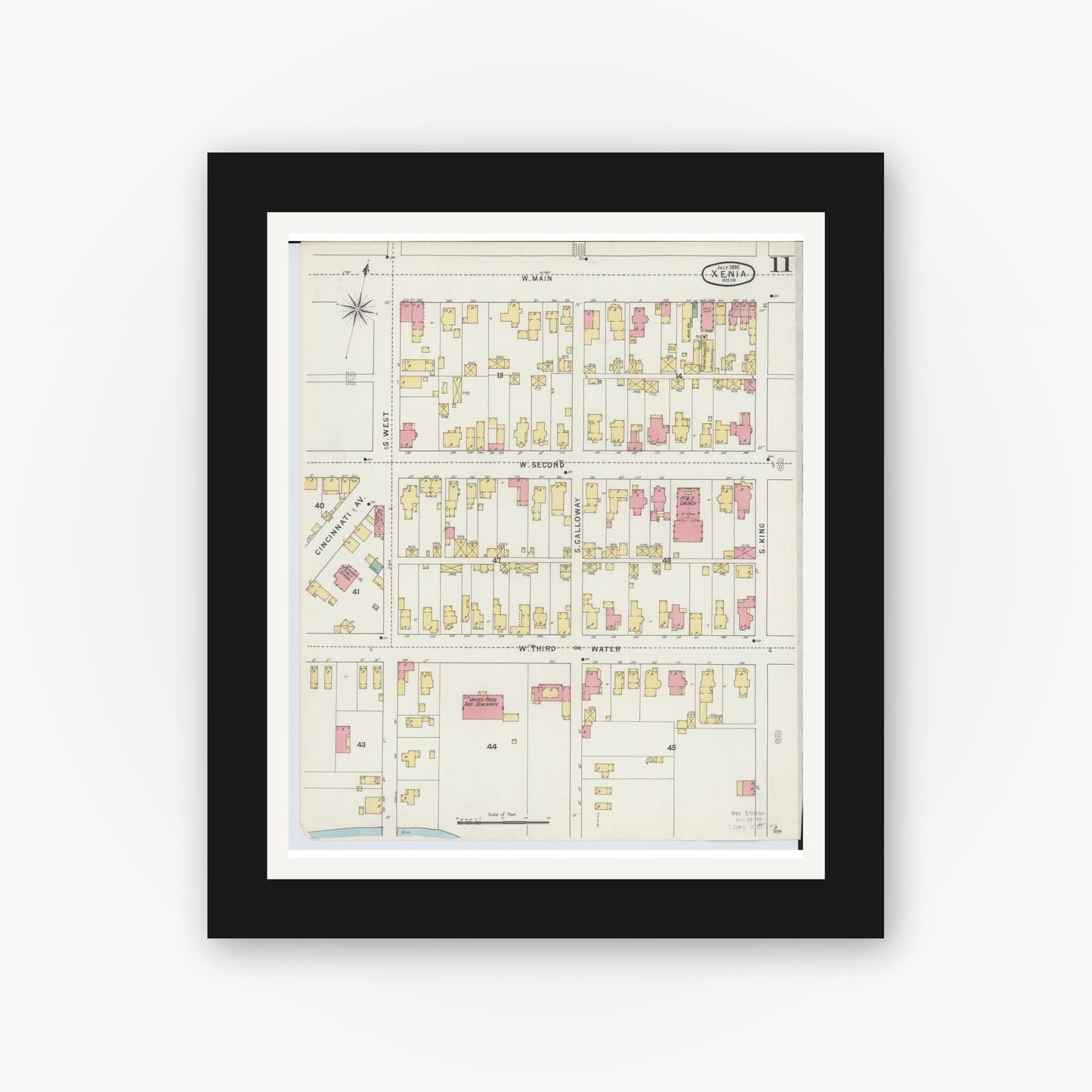 Old map wall art mockup — black gallery frame with white mat — Sanborn Fire Insurance Map from Xenia, Greene County, Ohio (1895), Sheet #0011