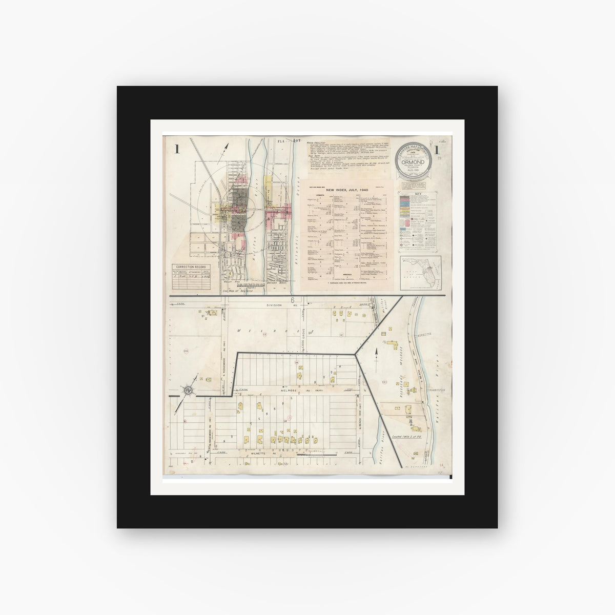 Old map wall art mockup — black gallery frame with white mat — Sanborn Fire Insurance Map from Ormond, Volusia County, Florida (1931), Sheet #0001