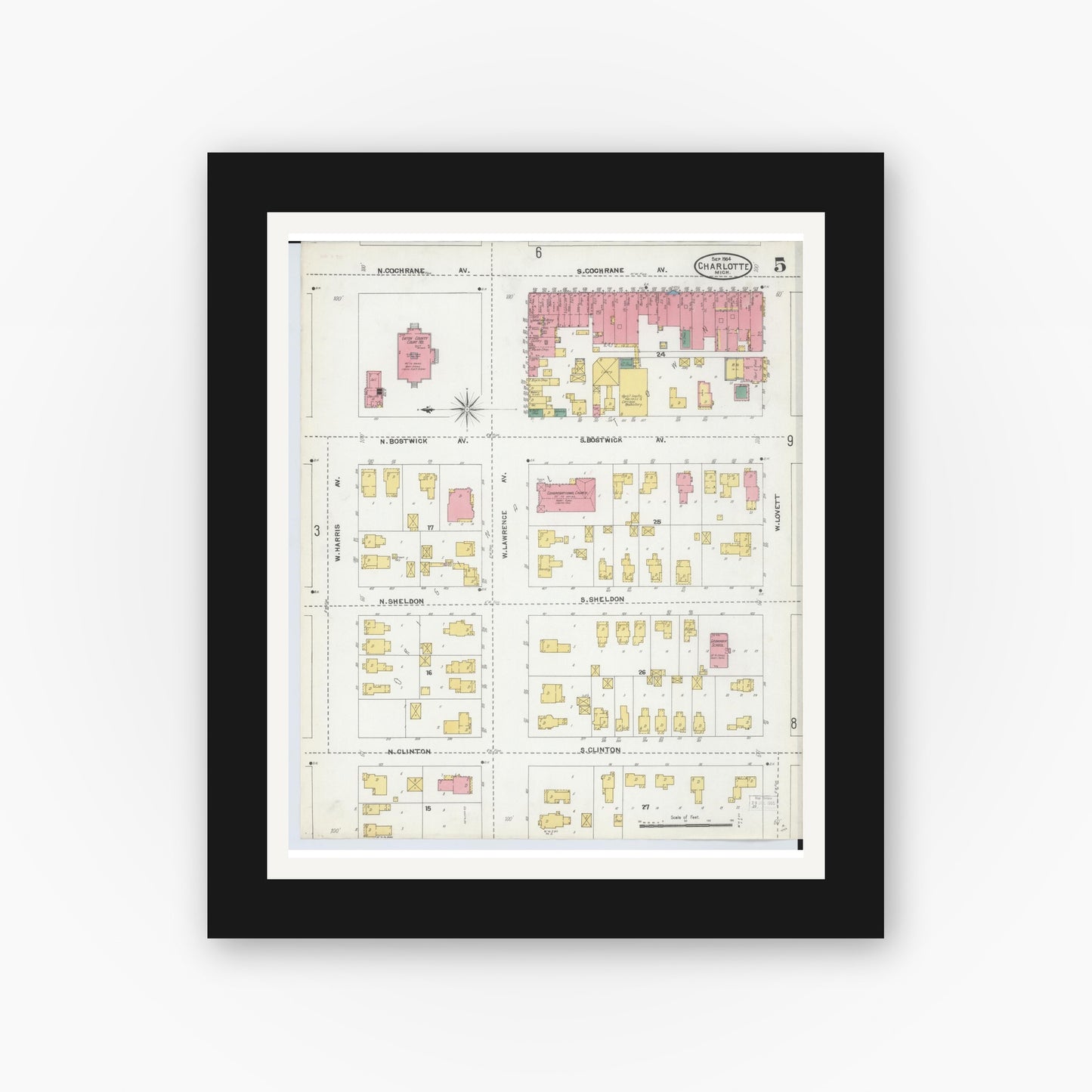 Old map wall art mockup — black gallery frame with white mat — Sanborn Fire Insurance Map from Charlotte, Eaton County, Michigan (1904), Sheet #0005