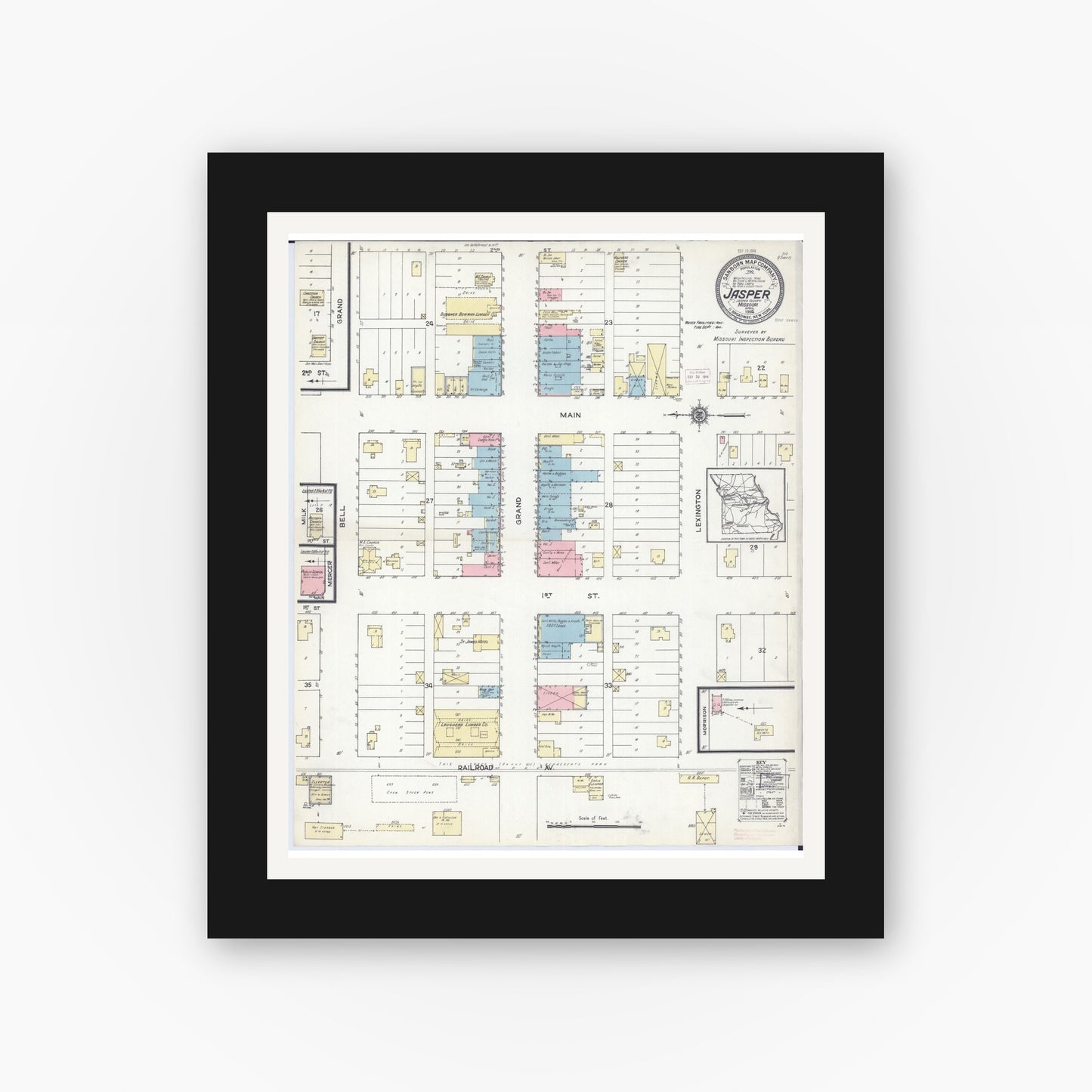 Old map wall art mockup — black gallery frame with white mat — Sanborn Fire Insurance Map from Jasper, Jasper County, Missouri (1914), Sheet #0001