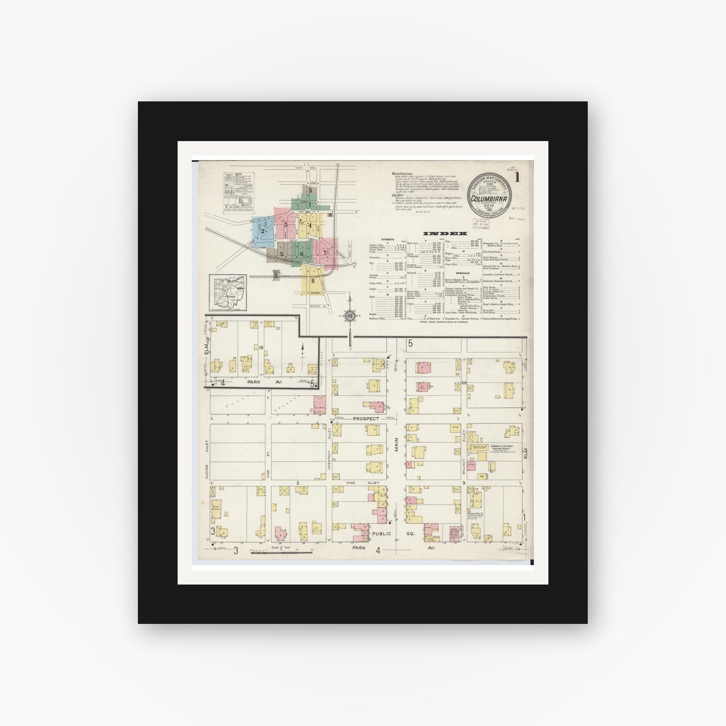 Old map wall art mockup — black gallery frame with white mat — Sanborn Fire Insurance Map from Columbiana, Columbiana County, Ohio (1915), Sheet #0001