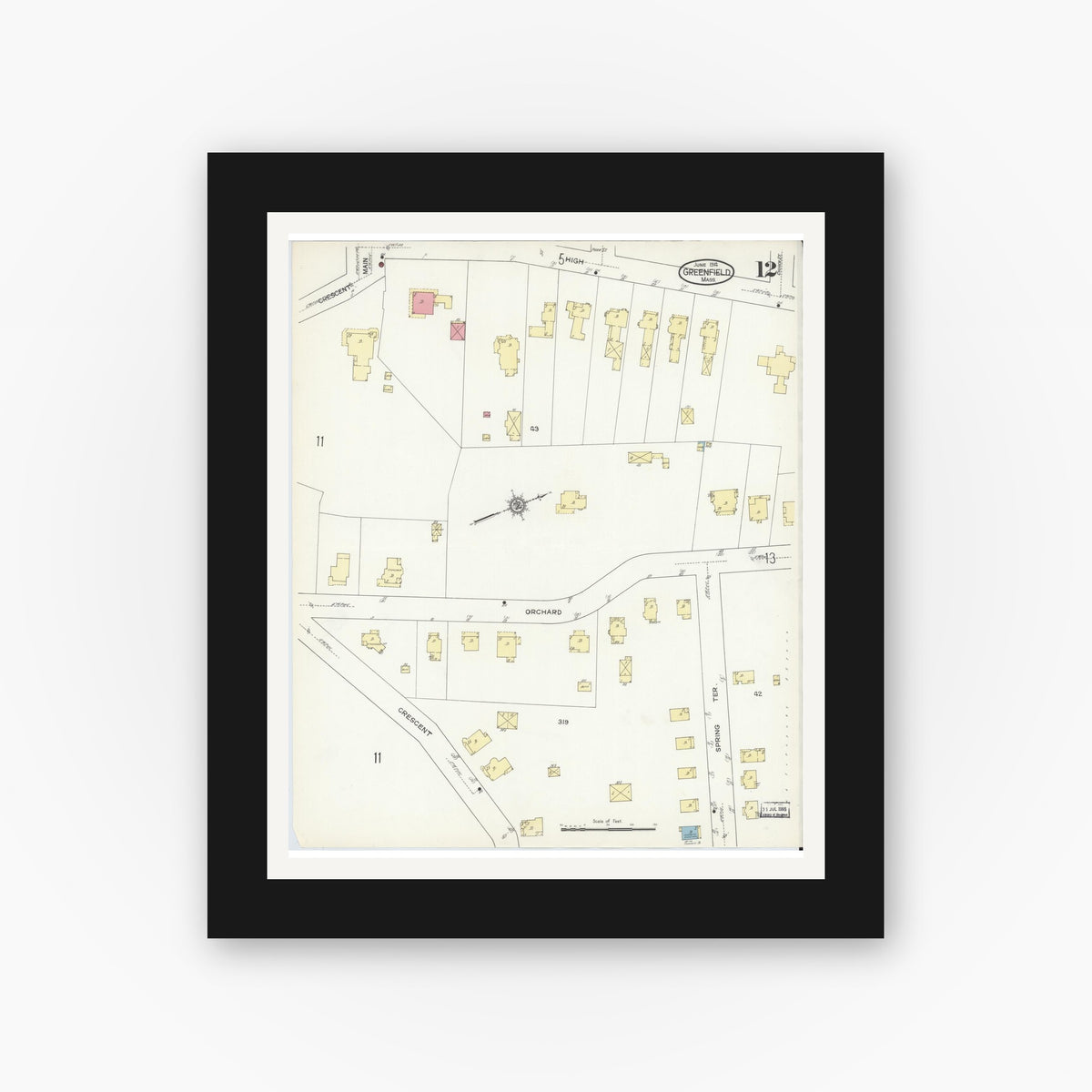 Old map wall art mockup — black gallery frame with white mat — Sanborn Fire Insurance Map from Greenfield, Franklin County, Massachusetts (1914), Sheet #0012