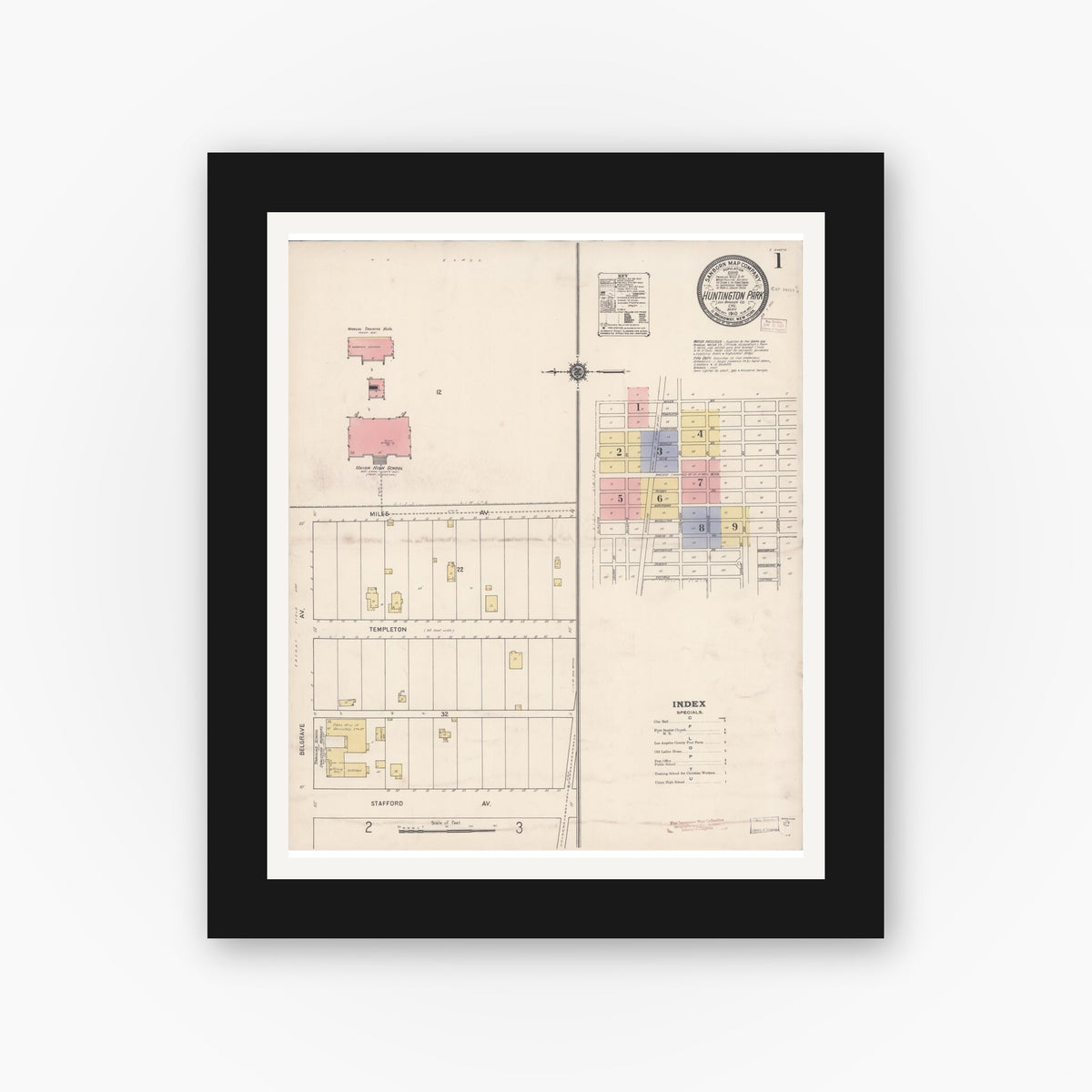 Old map wall art mockup — black gallery frame with white mat — Sanborn Fire Insurance Map from Huntington Park, Los Angeles County, California (1910) - Complete Map Set