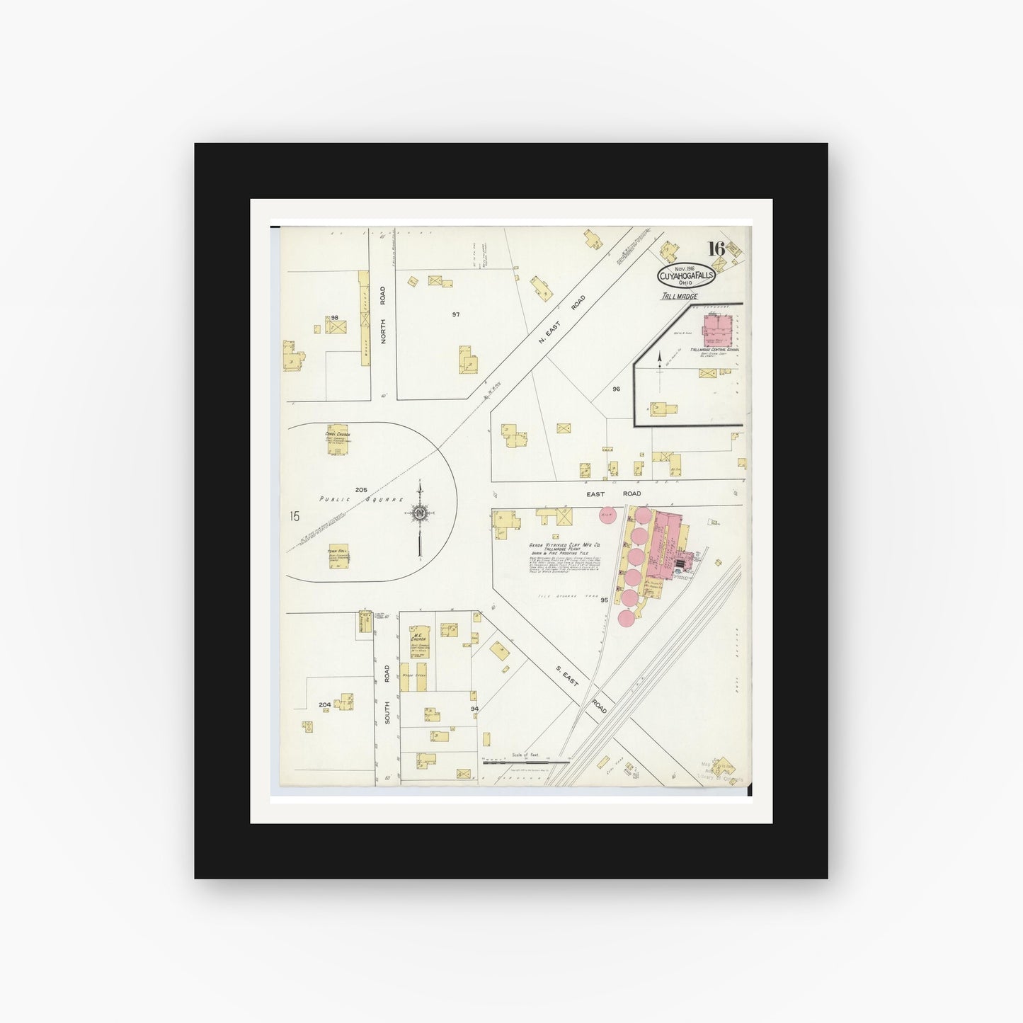 Old map wall art mockup — black gallery frame with white mat — Sanborn Fire Insurance Map from Cuyahoga Falls, Summit County, Ohio (1916), Sheet #0016