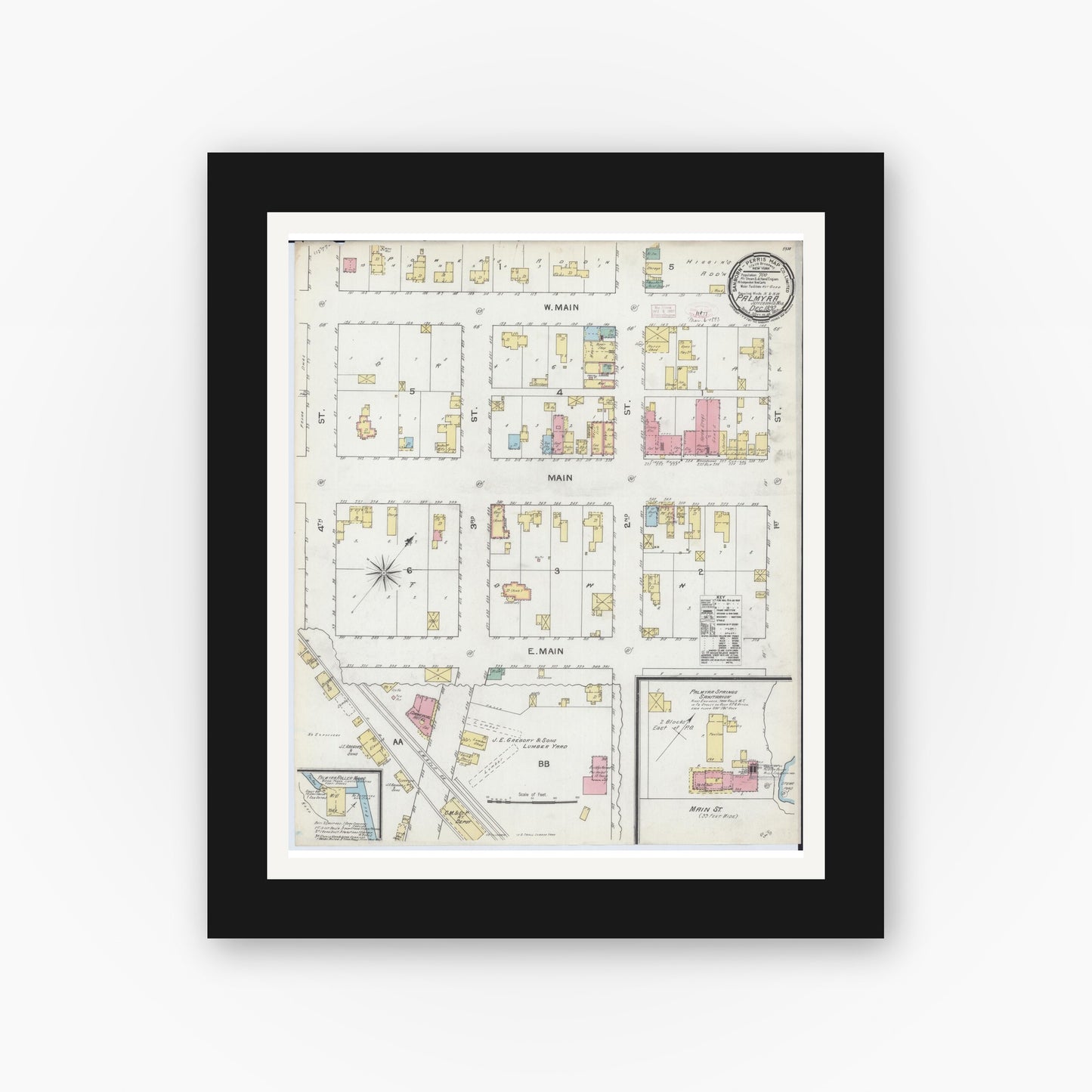 Old map wall art mockup — black gallery frame with white mat — Sanborn Fire Insurance Map from Palmyra, Jefferson County, Wisconsin (1892), Sheet #0001