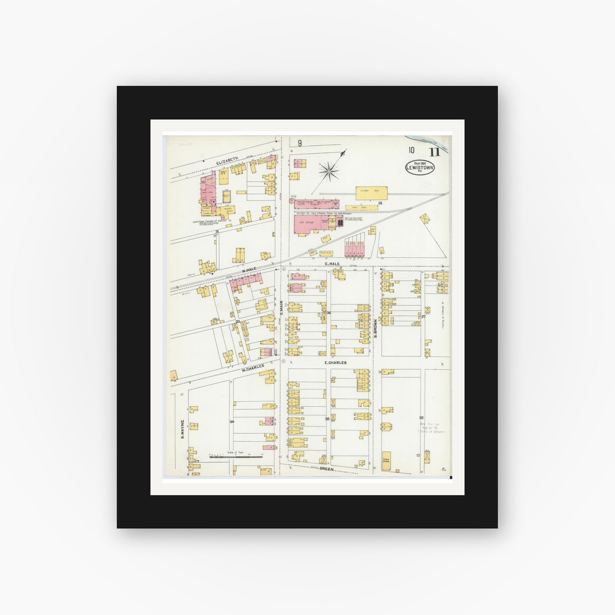 Old map wall art mockup β black gallery frame with white mat β Sanborn Fire Insurance Map from Lewistown, Mifflin County, Pennsylvania (1904), Sheet #0011
