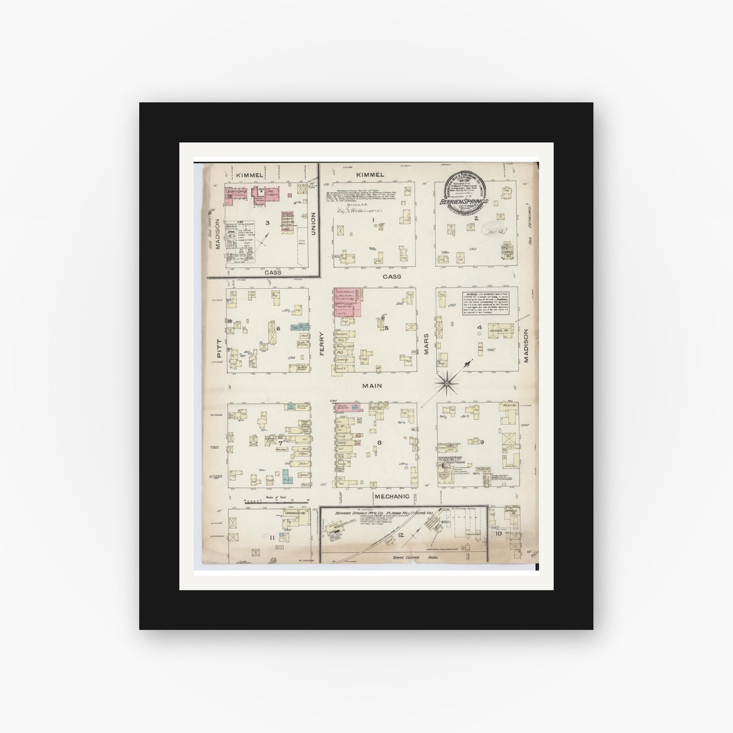 Old map wall art mockup — black gallery frame with white mat — Sanborn Fire Insurance Map from Berrien Springs, Berrien County, Michigan (1884), Sheet #0001