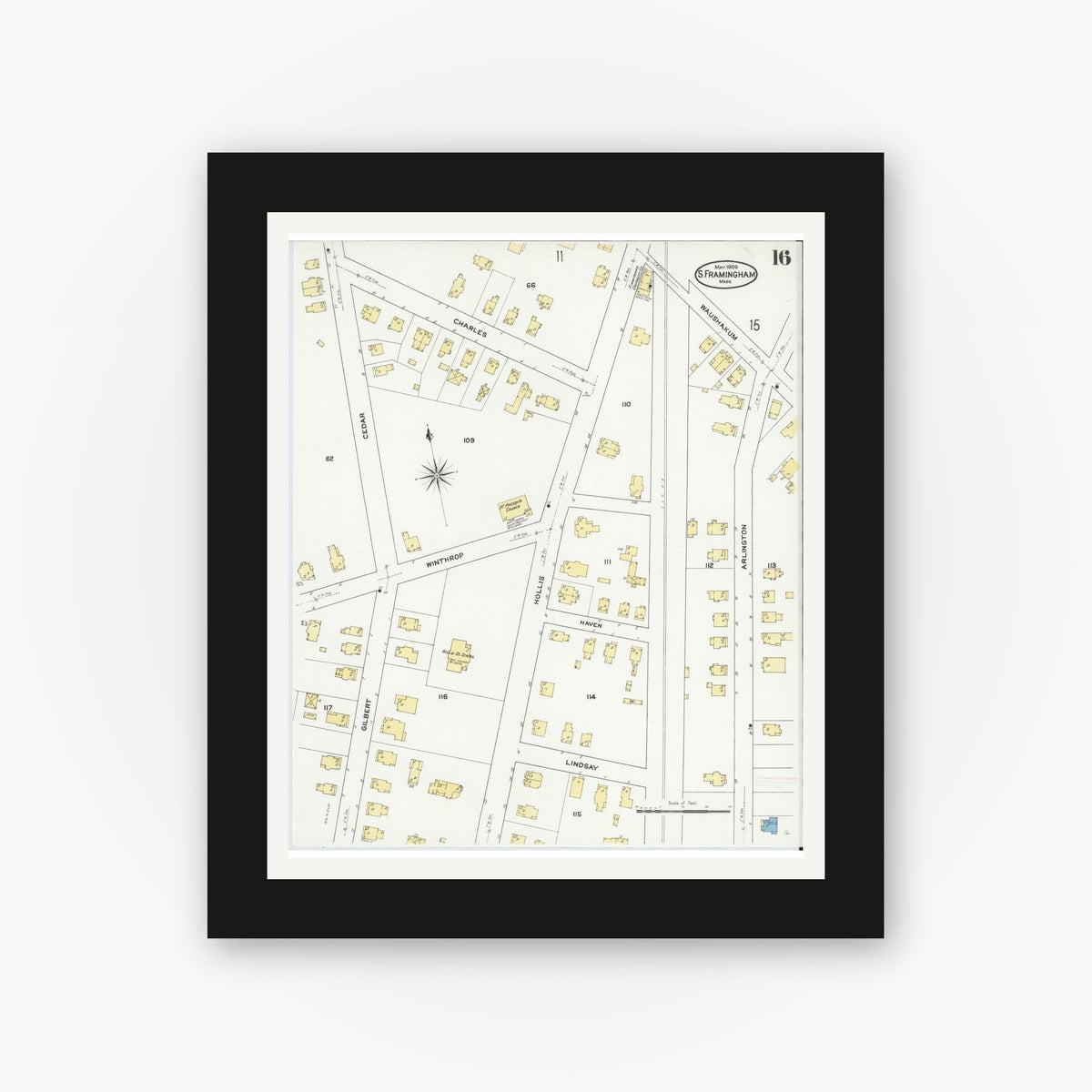Old map wall art mockup — black gallery frame with white mat — Sanborn Fire Insurance Map from South Farmington, Middlesex County, Massachusetts (1909), Sheet #0016