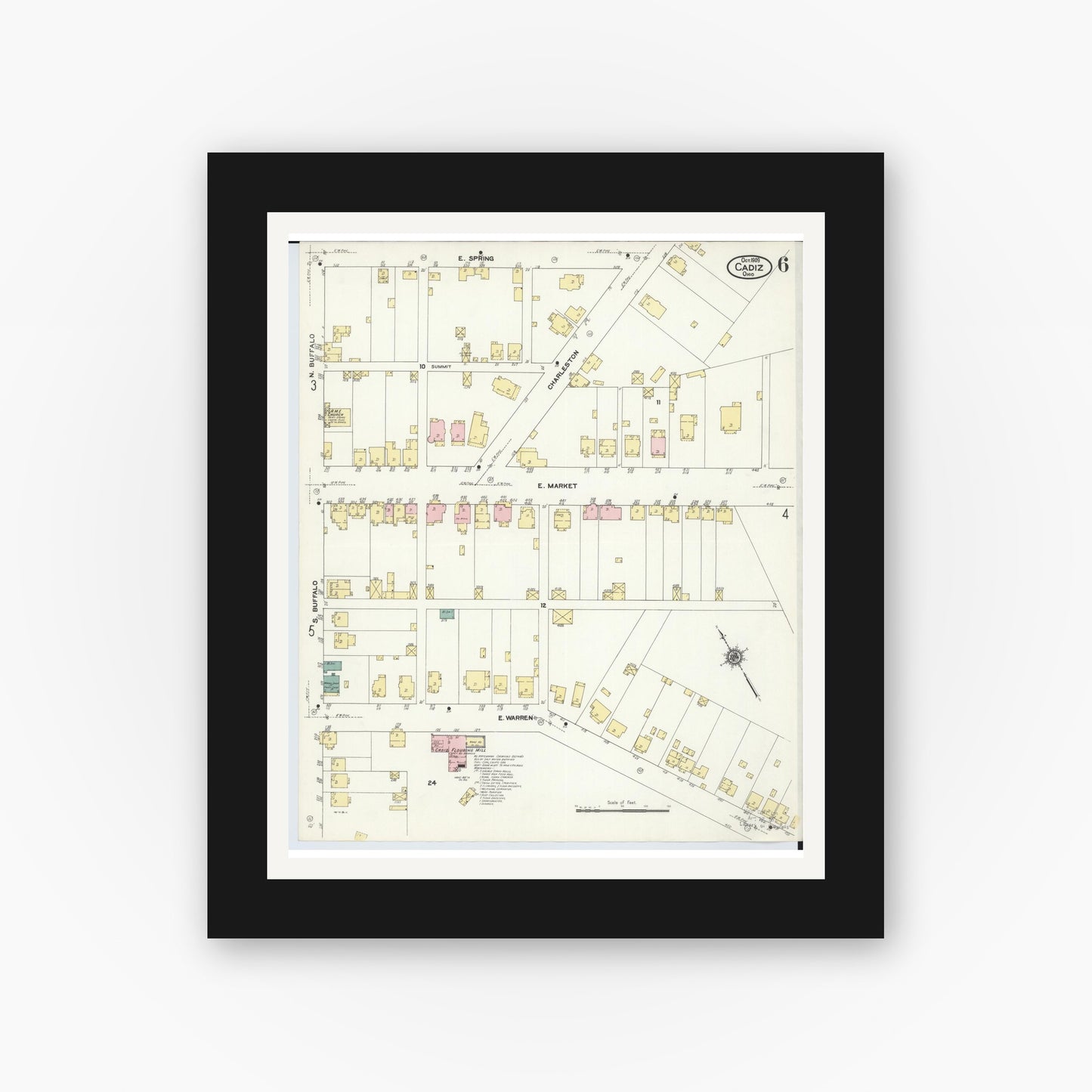 Old map wall art mockup — black gallery frame with white mat — Sanborn Fire Insurance Map from Cadiz, Harrison County, Ohio (1909), Sheet #0006