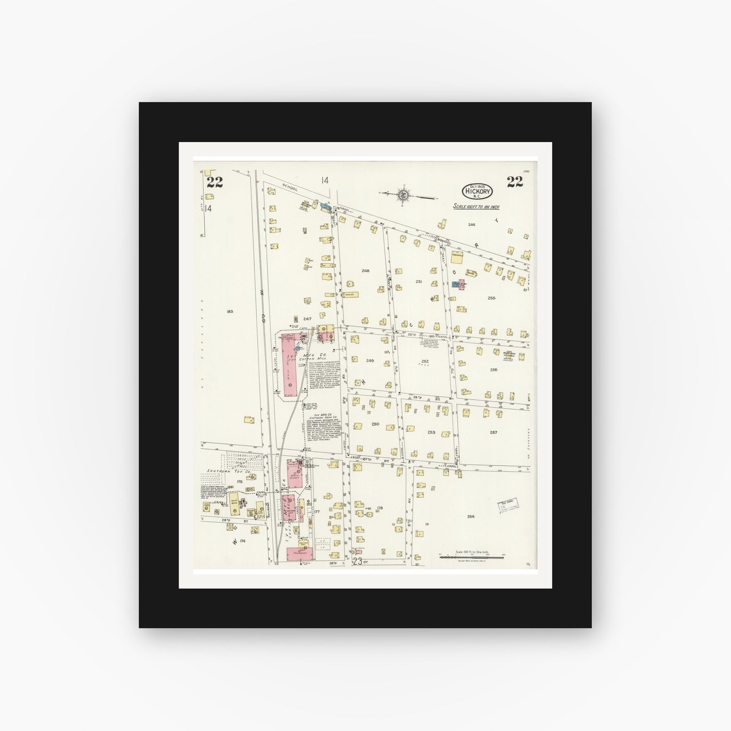 Old map wall art mockup — black gallery frame with white mat — Sanborn Fire Insurance Map from Hickory, Catawba County, North Carolina (1925), Sheet #0022