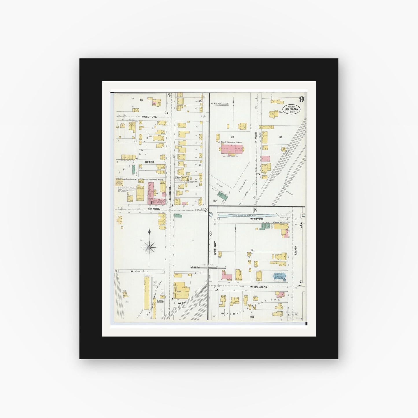 Old map wall art mockup — black gallery frame with white mat — Sanborn Fire Insurance Map from Urbana, Champaign County, Ohio (1901), Sheet #0009