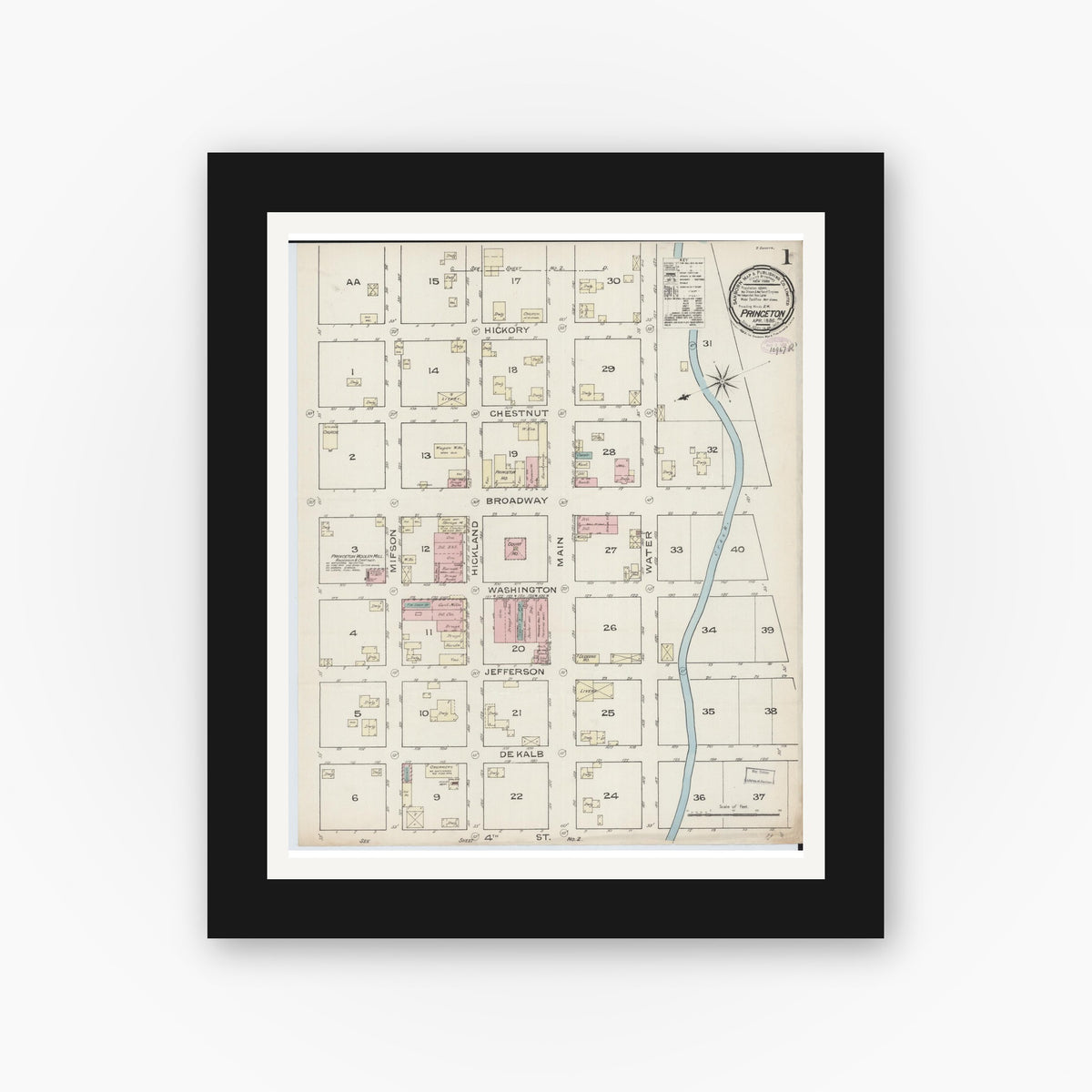 Old map wall art mockup — black gallery frame with white mat — Sanborn Fire Insurance Map from Princeton, Mercer County, Missouri (1886), Sheet #0001