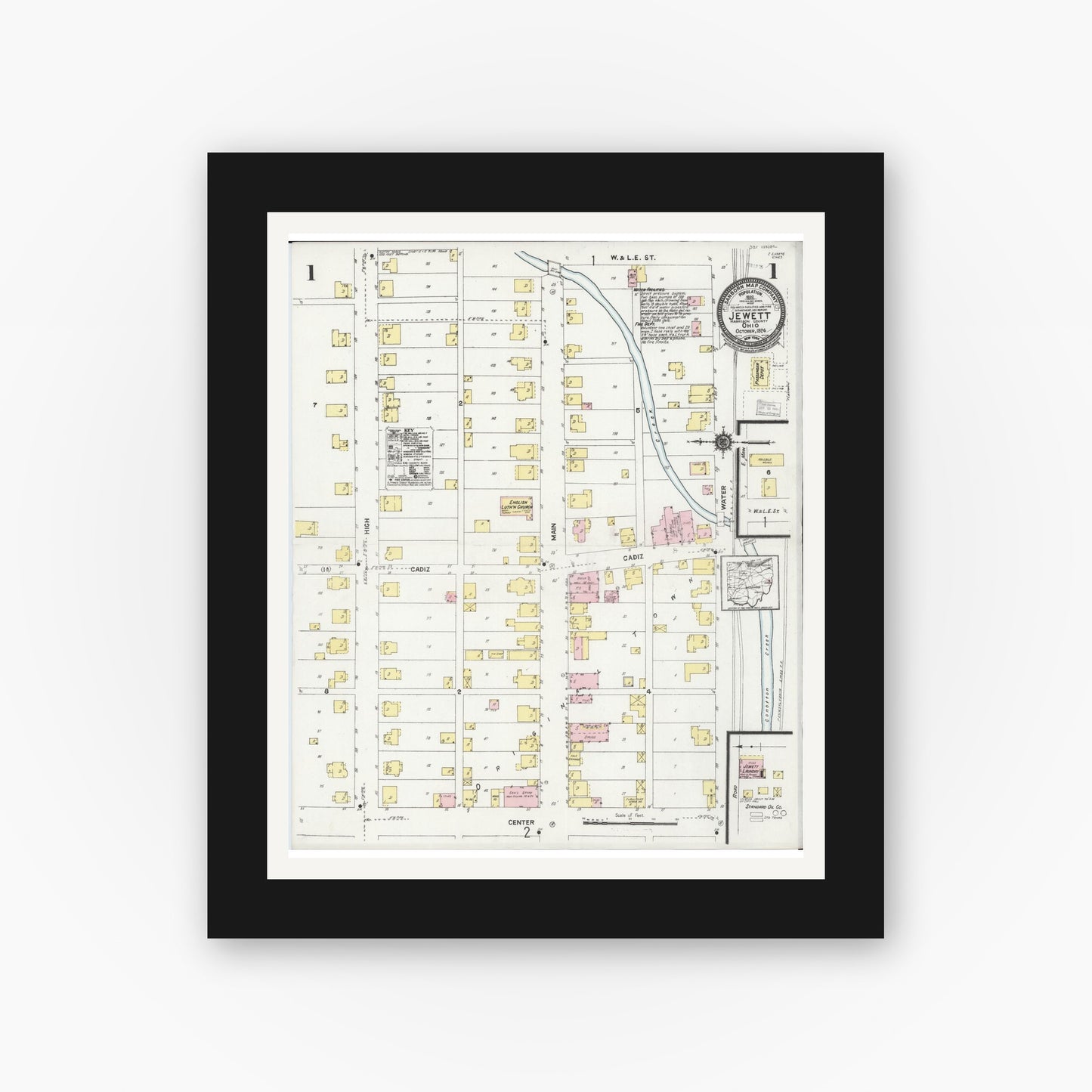 Old map wall art mockup — black gallery frame with white mat — Sanborn Fire Insurance Map from Jewett, Harrison County, Ohio (1924), Sheet #0001