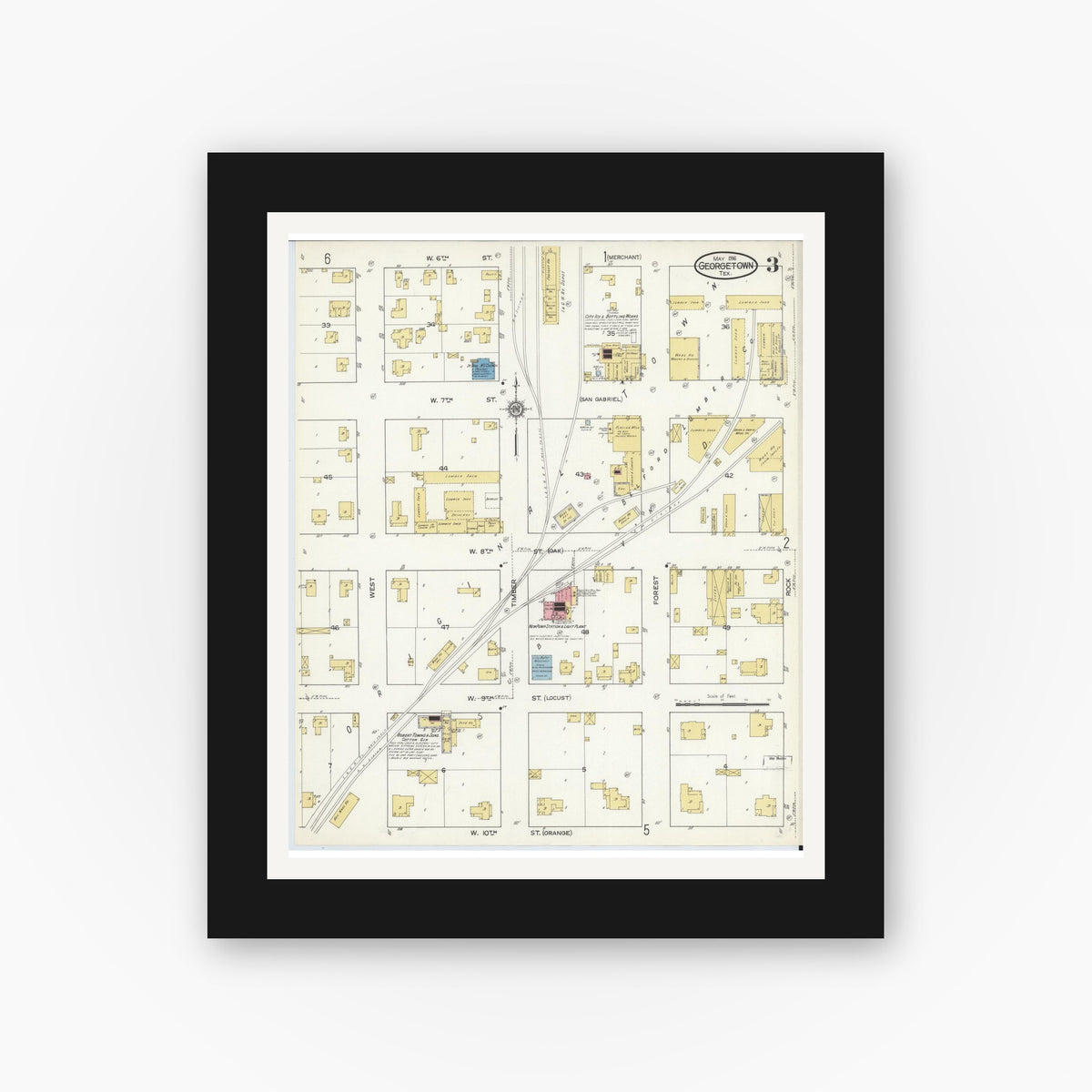 Old map wall art mockup — black gallery frame with white mat — Sanborn Fire Insurance Map from Georgetown, Williamson County, Texas (1916), Sheet #0003