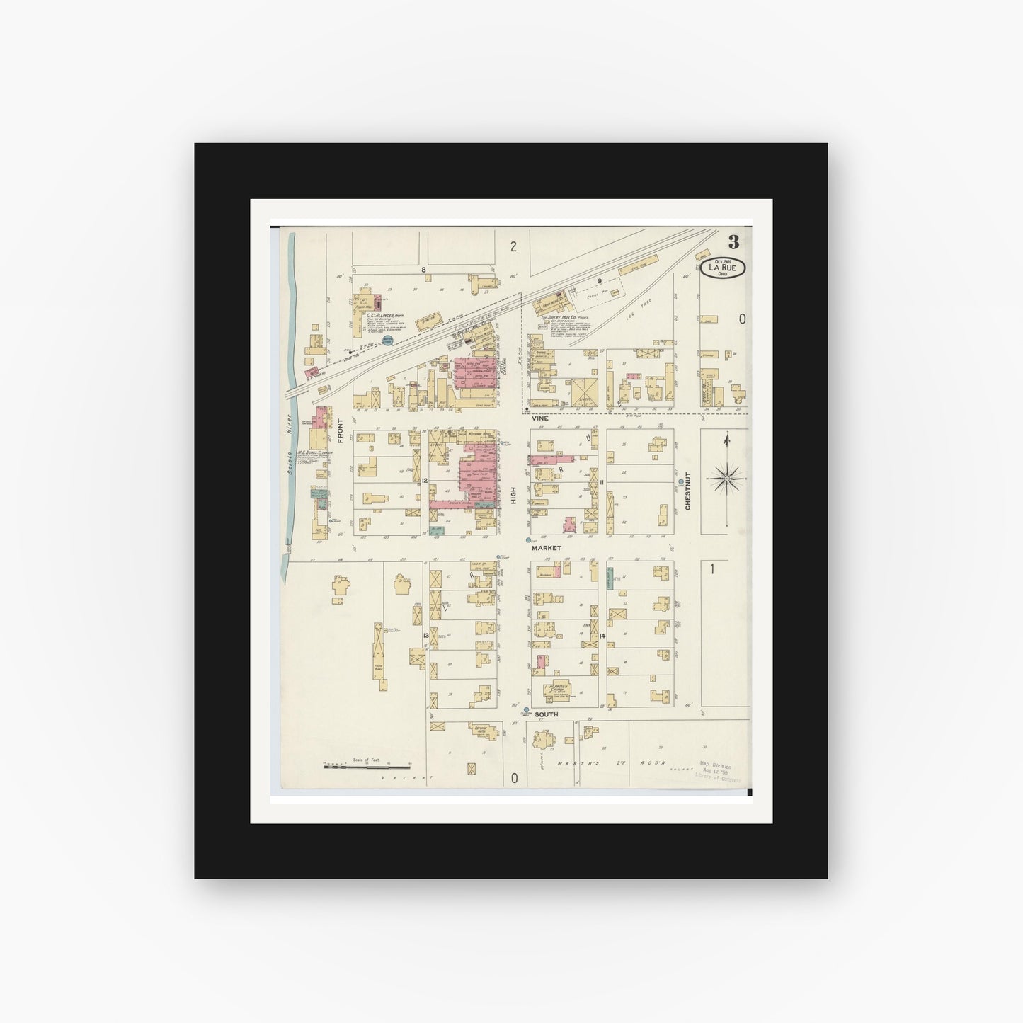 Old map wall art mockup — black gallery frame with white mat — Sanborn Fire Insurance Map from La Rue, Marion County, Ohio (1901), Sheet #0003
