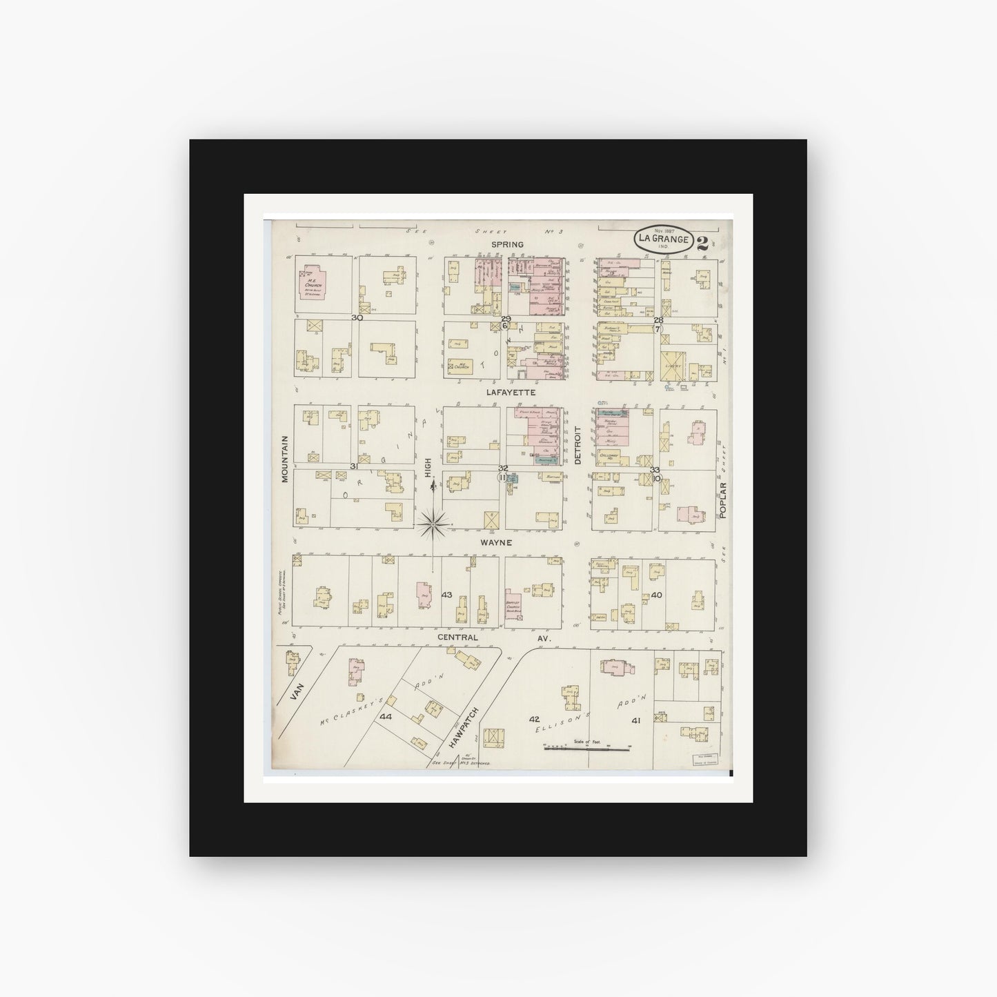 Old map wall art mockup — black gallery frame with white mat — Sanborn Fire Insurance Map from Lagrange, LaGrange County, Indiana (1887), Sheet #0002